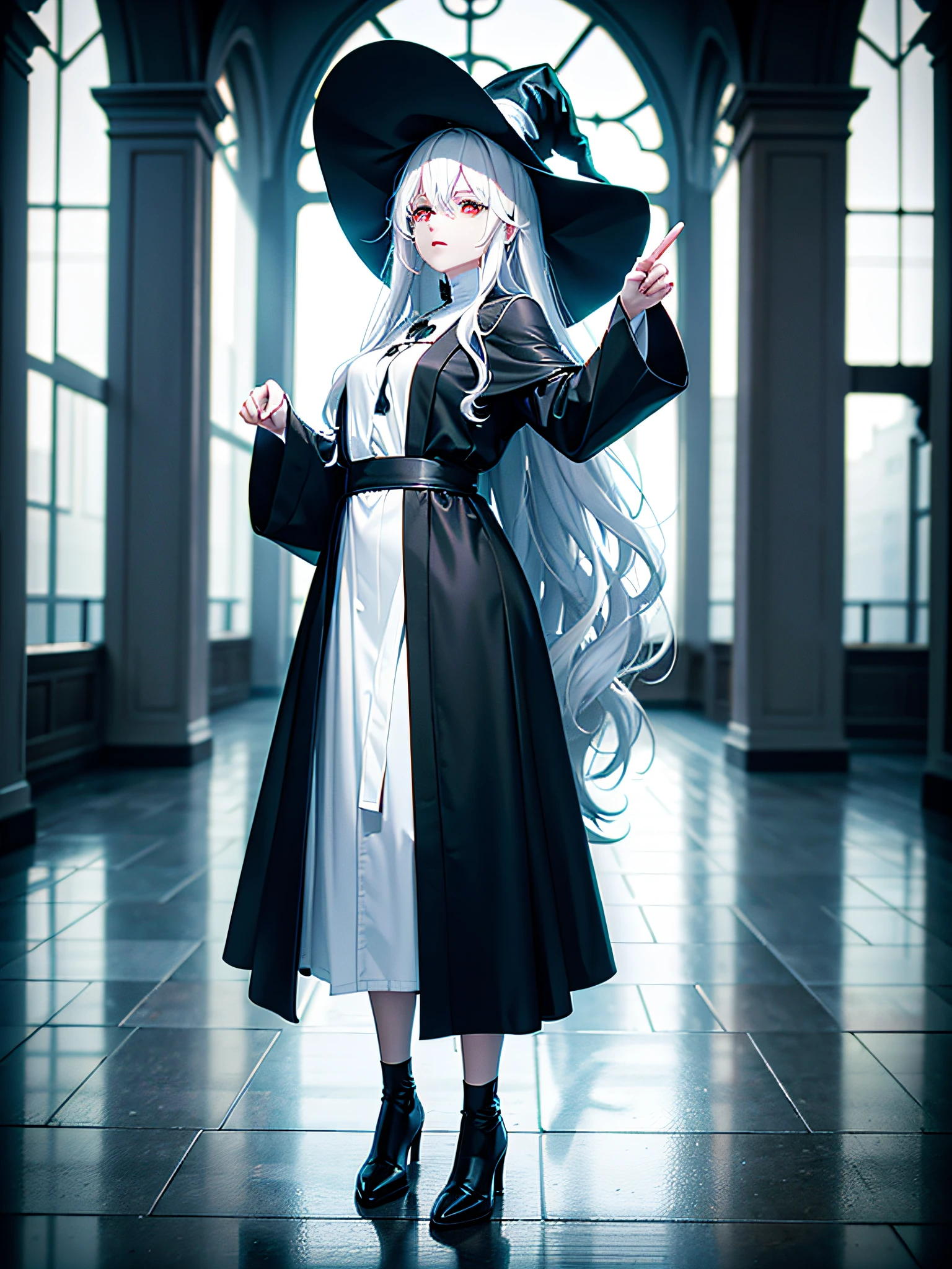 RAW photo, one person, full body black robe, skin invisible, red eyes, full body photo of 60 year old woman, pointing here, wavy white hair, long hair, witch hat, white skin, slender body, background is urban ruins, (very detailed skin: 1.2), 8k UHD, DSLR, soft lighting, high quality, film particles, fujifilm XT3
