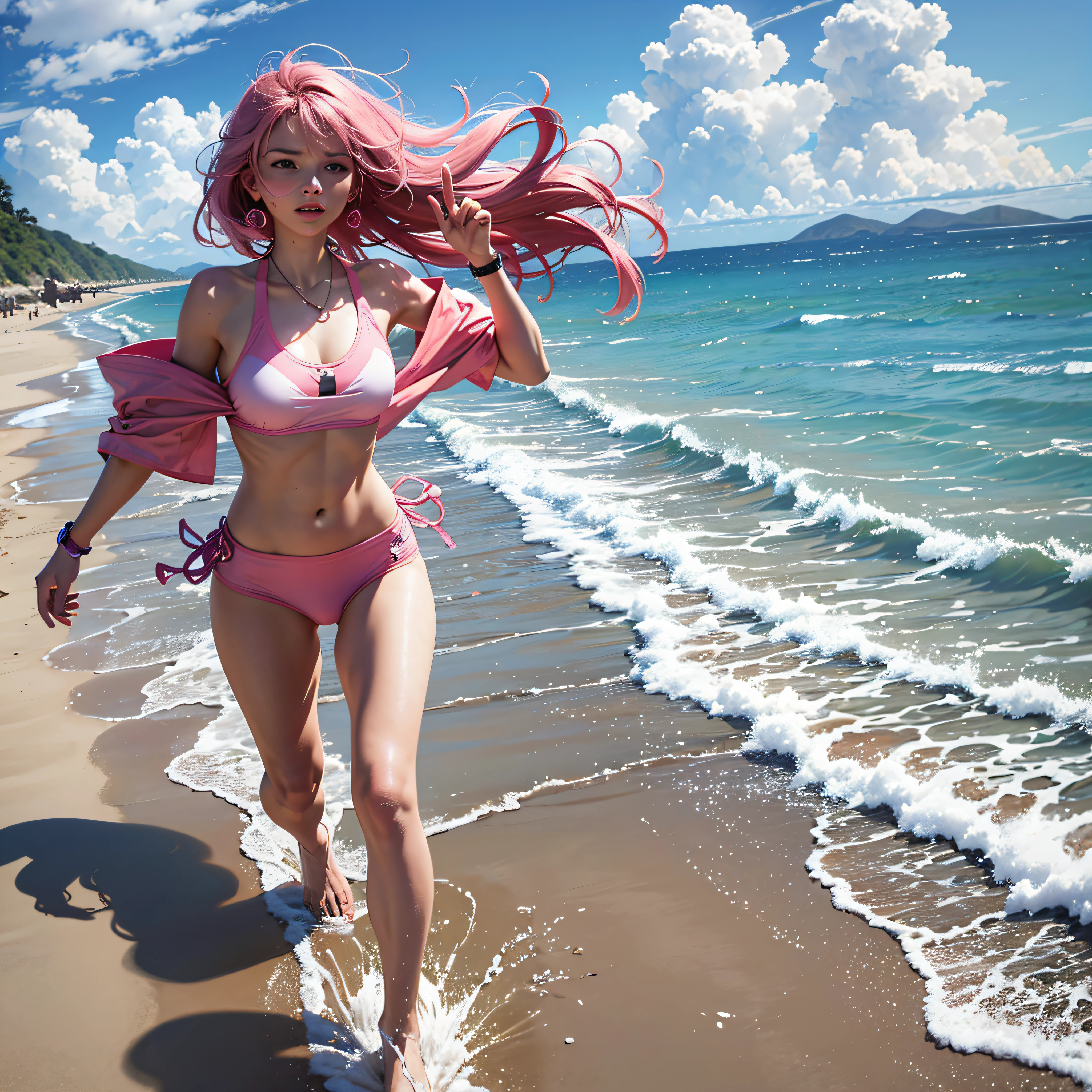 Woman running on the beach, wearing pink bequine --auto --s2