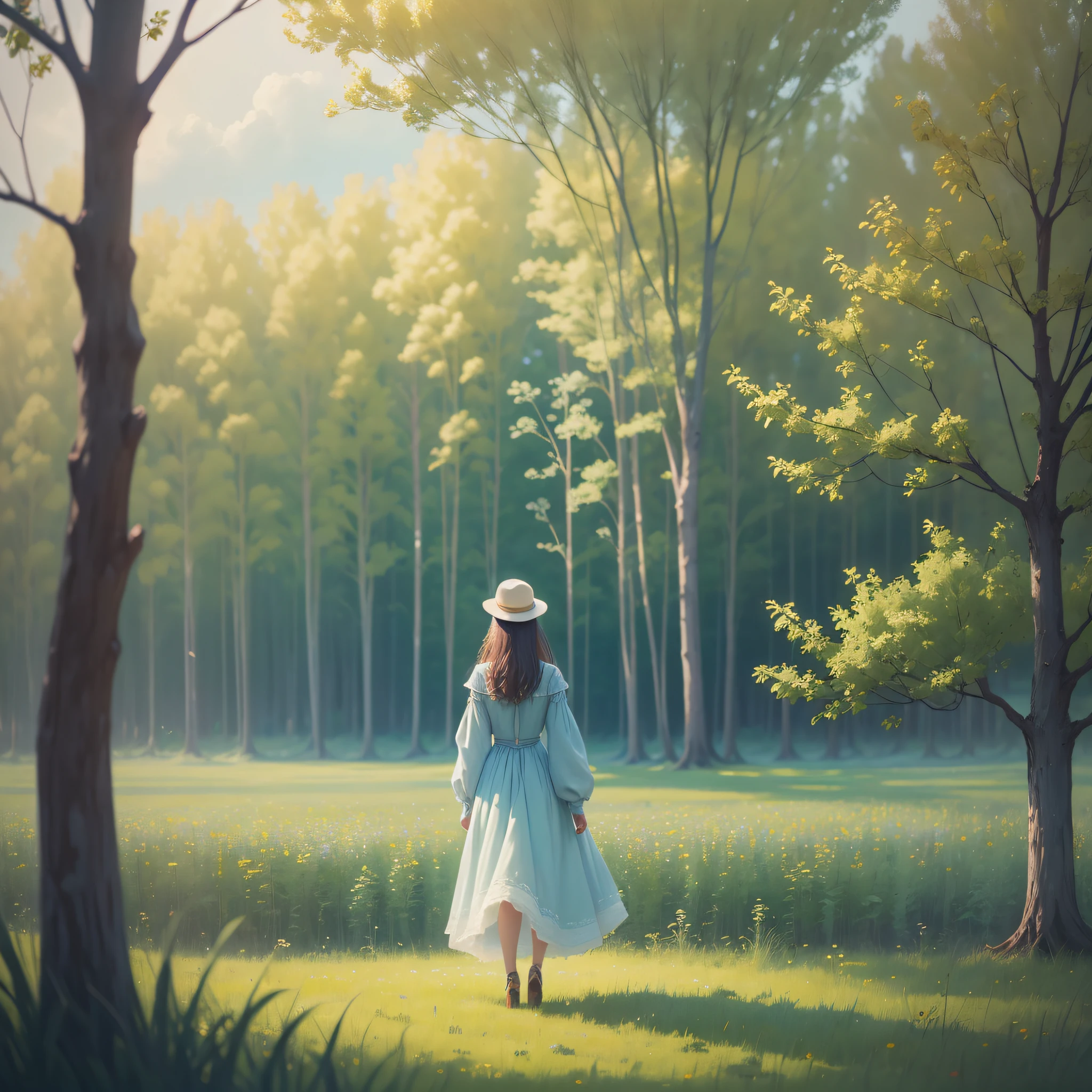 there is a woman in a field seen from the back, a painting inspired by Oleg Oprisco, winner of the pexels contest, magical realism, an ethereal and extravagant portrait, monia merlo, dreamy scene, surreal portrait photography, lost in a dreamy fairy landscape, artistic interpretation, an ethereal, promotional shot --auto --s2