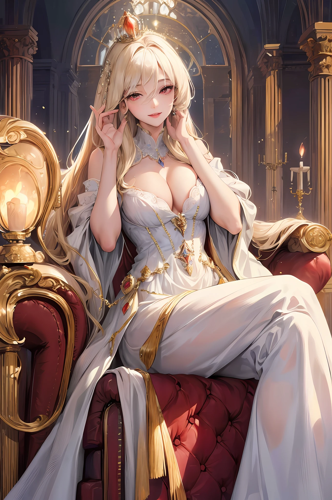 Official Art, Masterpiece, Sharp Focus, (Beautiful Gorgeous Woman:1.3), (Beautiful Woman:1.3), Delicate and Beautiful Hair and Eyes and Face, Realistic, Very detailed, Beautiful Woman, Splendid Royal Palace, (Side Lighting:1.2), Sitting on a Throne, Thin, ((Smile with eyes, open eyes)), With a crown on her head, (Vision:1.7), Detailed platinum blonde, Radiant red eyes, Unexposed, Gorgeous Western dress, Composition from below, majestic, Wrinkled