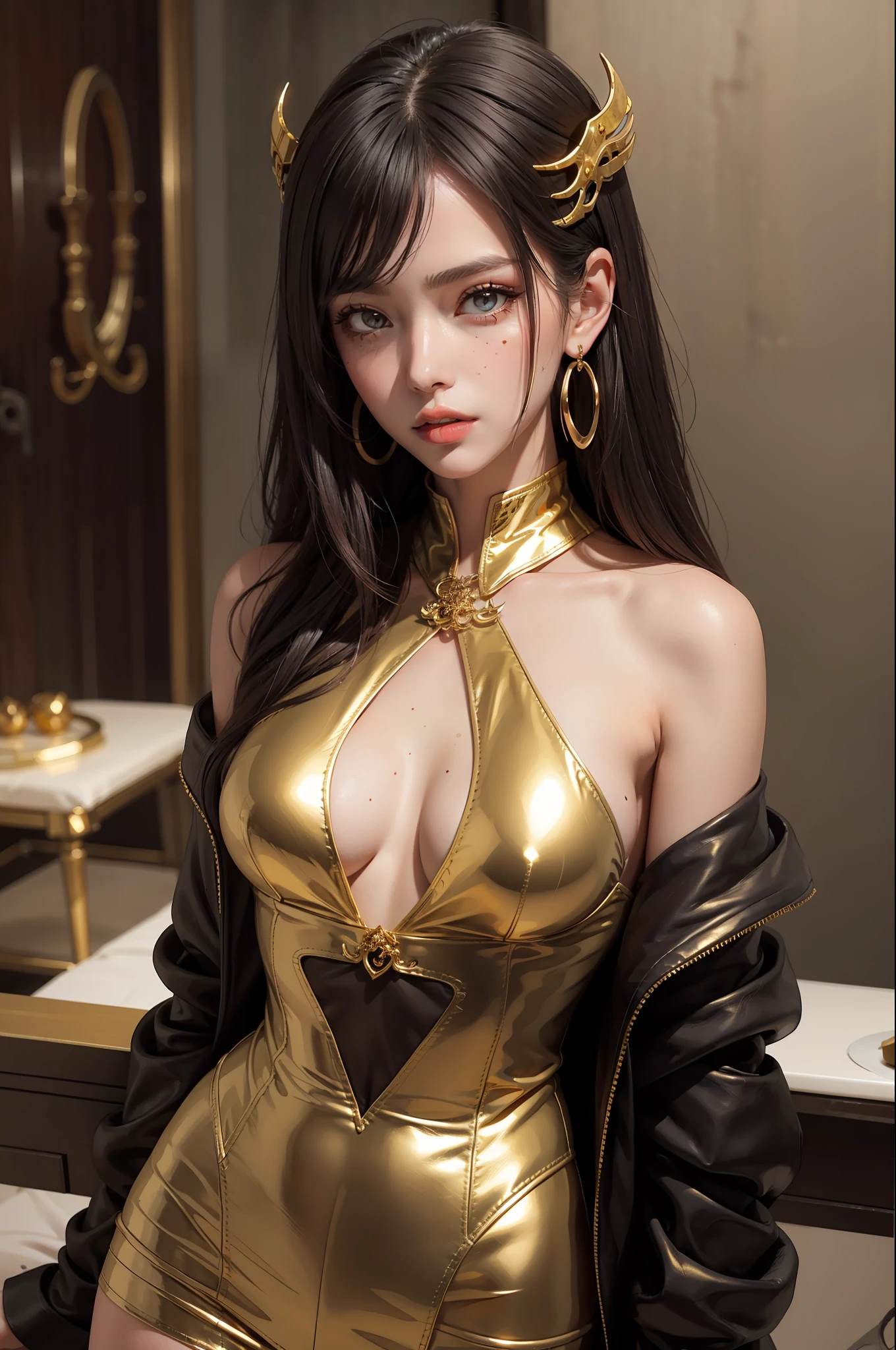 Girl with sexy gaze, looking at the viewer, sark aura, siren eyes, golden earings, golden rings, leather clothes, moles on face, model face