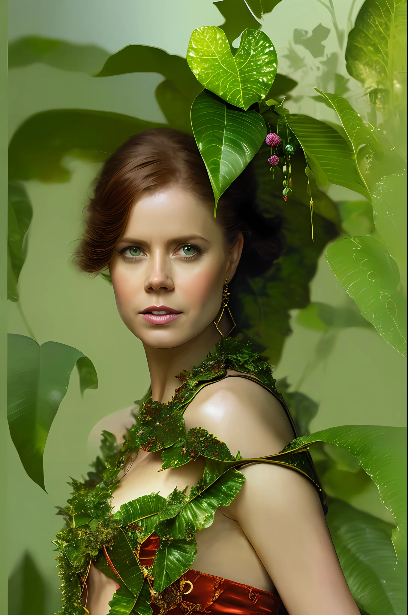 Super sexy Amy Adams as Ivy Poison DC Comics-style Batman villain holding a small vial of poison with various carnivorous plants and banana leaves in the background, vhs effect, (poster: 1.2), poster on the wall, nostalgia, movie poster, (skin texture), intricately detailed, fine detail, hyperdetailed, ray tracing, subsurface scattering, diffuse soft lighting,  shallow depth of field, by (Oliver Wetter) Majestic professional oil painting by Ed Blinkey, Atey Ghailan, Studio Ghibli, by Jeremy Mann, Greg Manchess, Antonio Moro, trend at ArtStation, trend at CGSociety, Intricate, High Detail, Sharp Focus, Dramatic Painting and Photorealistic Art by (Greg Rutkowski:1.4), Bokeh