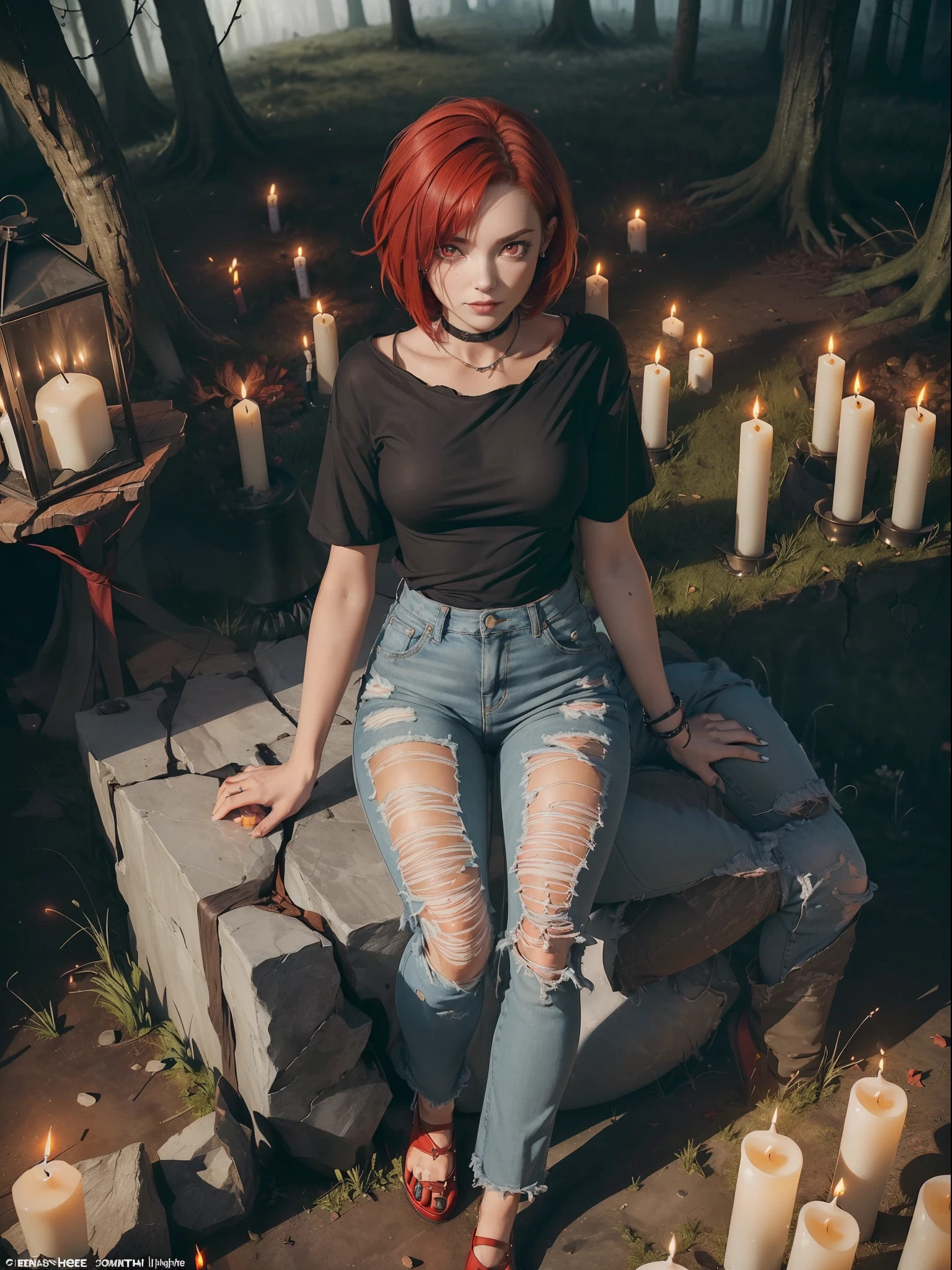 ((Full body):1.5) (({1/woman/human/beautiful}):2). Just {1/woman/human/beautiful}:((wearing a ripped black t-shirt, ripped jeans, sit on the clothes):1.3). Only {1/woman/human/beautiful}:((has short red hair, red eyes):1.5). Just {1/woman/human/beautiful}:((striking extroverted poses, sitting on a rock, looking at the viewer, smiling evil):1.). In a macabre forest with several headstones and a small fog, ((it's night, and several candles on the ground illuminate the place):1.4), Hyperrealism, 16k, ((super detail, high details):1.3), UHD, masterpiece