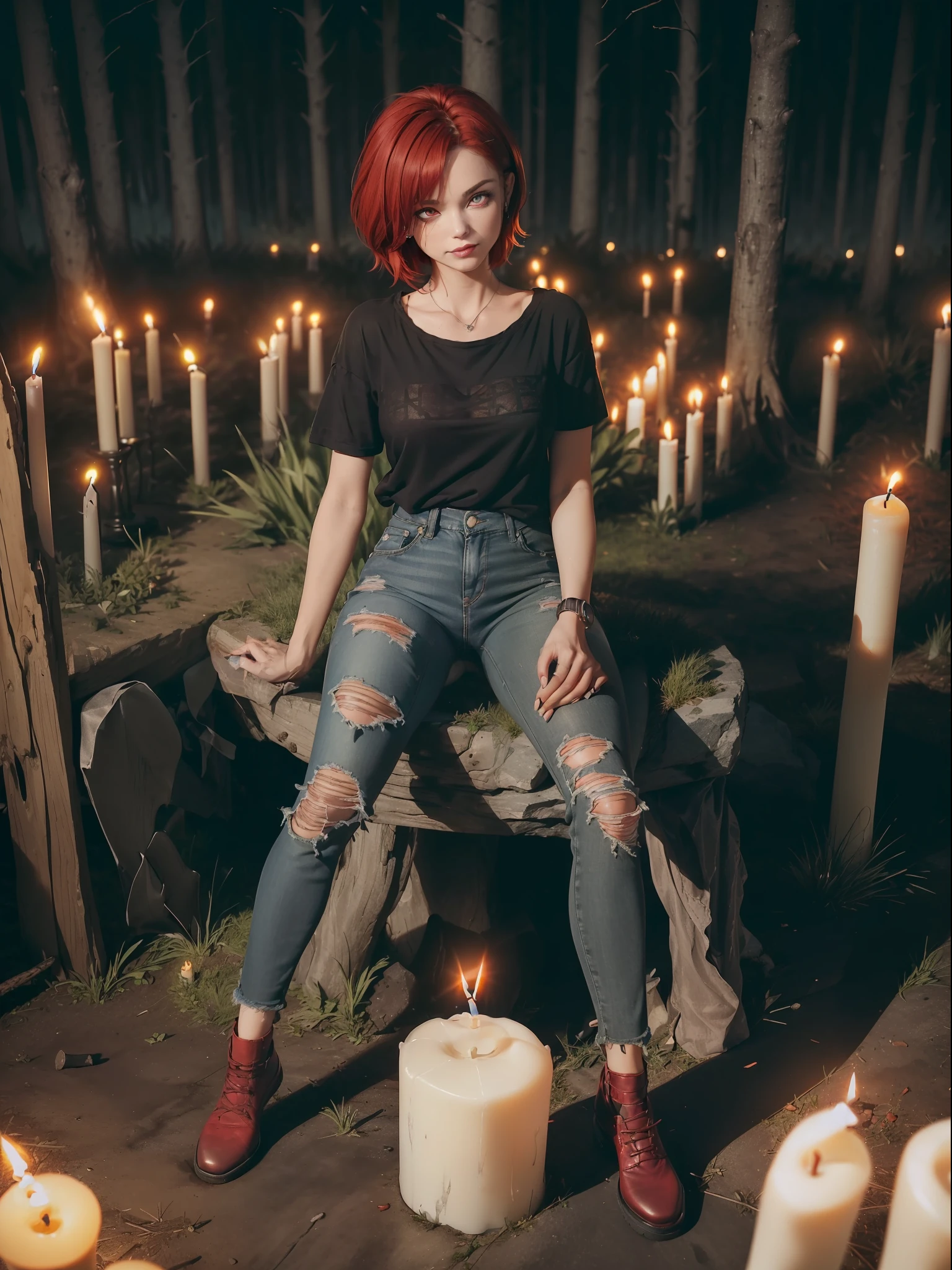 ((Full body):1.5) (({1/woman/human/beautiful}):2). Just {1/woman/human/beautiful}:((wearing a ripped black t-shirt, ripped jeans, sit on the clothes):1.3). Only {1/woman/human/beautiful}:((has short red hair, red eyes):1.5). Just {1/woman/human/beautiful}:((striking extroverted poses, sitting on a rock, looking at the viewer, smiling evil):1.). In a macabre forest with several headstones and a small fog, ((it's night, and several candles on the ground illuminate the place):1.4), Hyperrealism, 16k, ((super detail, high details):1.3), UHD, masterpiece
