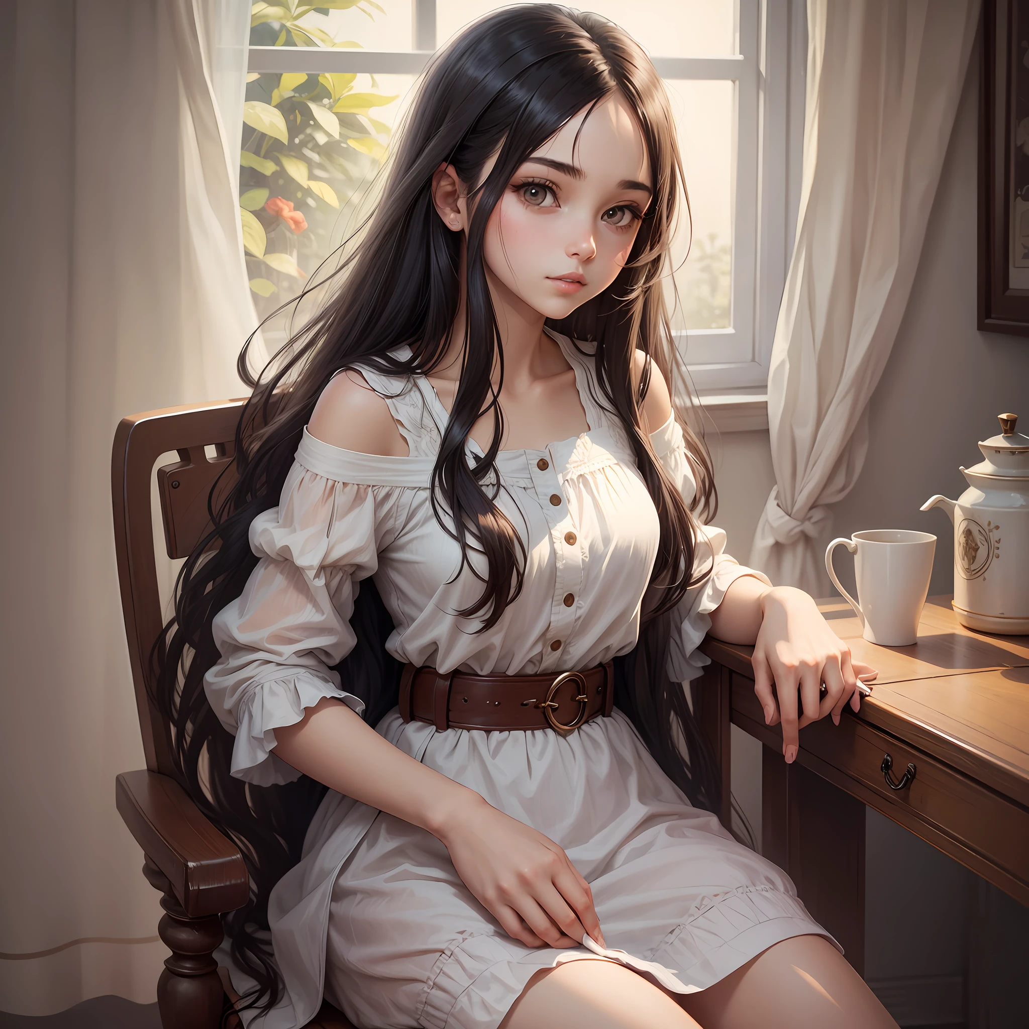 Girl with long dark hair sitting on a chair --auto --s2