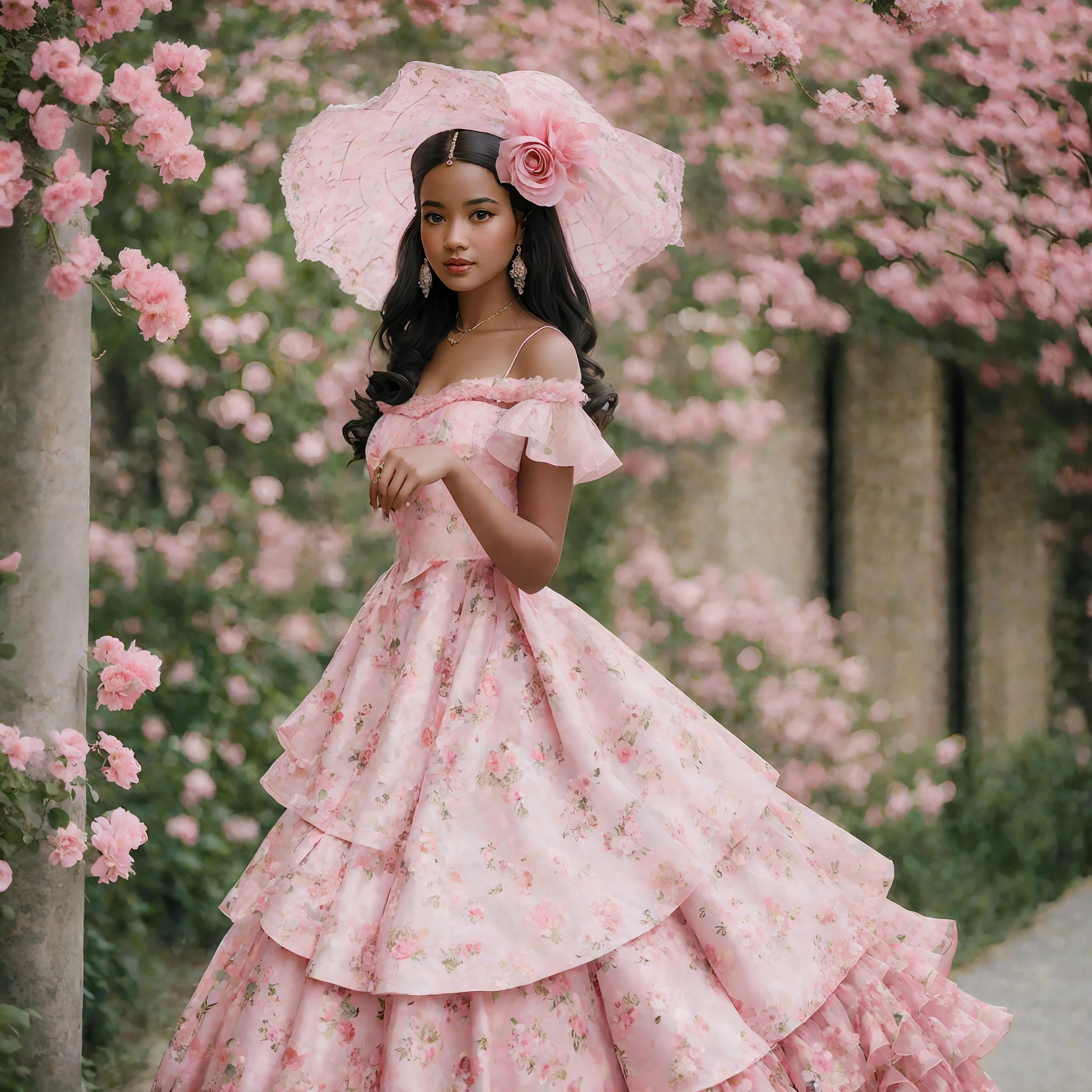 there is a woman in a pink dress and hat posing for a picture, wearing pink floral gown, wearing a pink ballroom gown, dressed in a pink dress, prima ballerina in rose garden, floral couture, full dress, brilliant pink ball gown, victorian style costume, dressed in a flower dress, dressed beautiful gown, pink dress, dress in the style of rococo --auto --s2