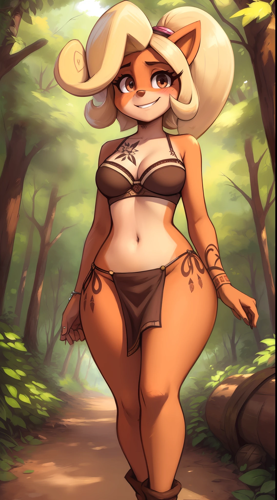 by Zackary911, Kenket, Kilinah, Zackary911, (((Coco Bandicoot, woman, breasts, antrum, extremely detailed, extremely detailed legs, extremely detailed arms, extremely detailed face, perfectly detailed eyes, perfectly detailed anatomy))): 1.2, solo, perspective, curved thighs, huge thighs, curvature, embarrassed smile, (tail), totally blushed, nervous, looking at the viewer, forest, Brown bra, Brown loincloth, native, native tattoos