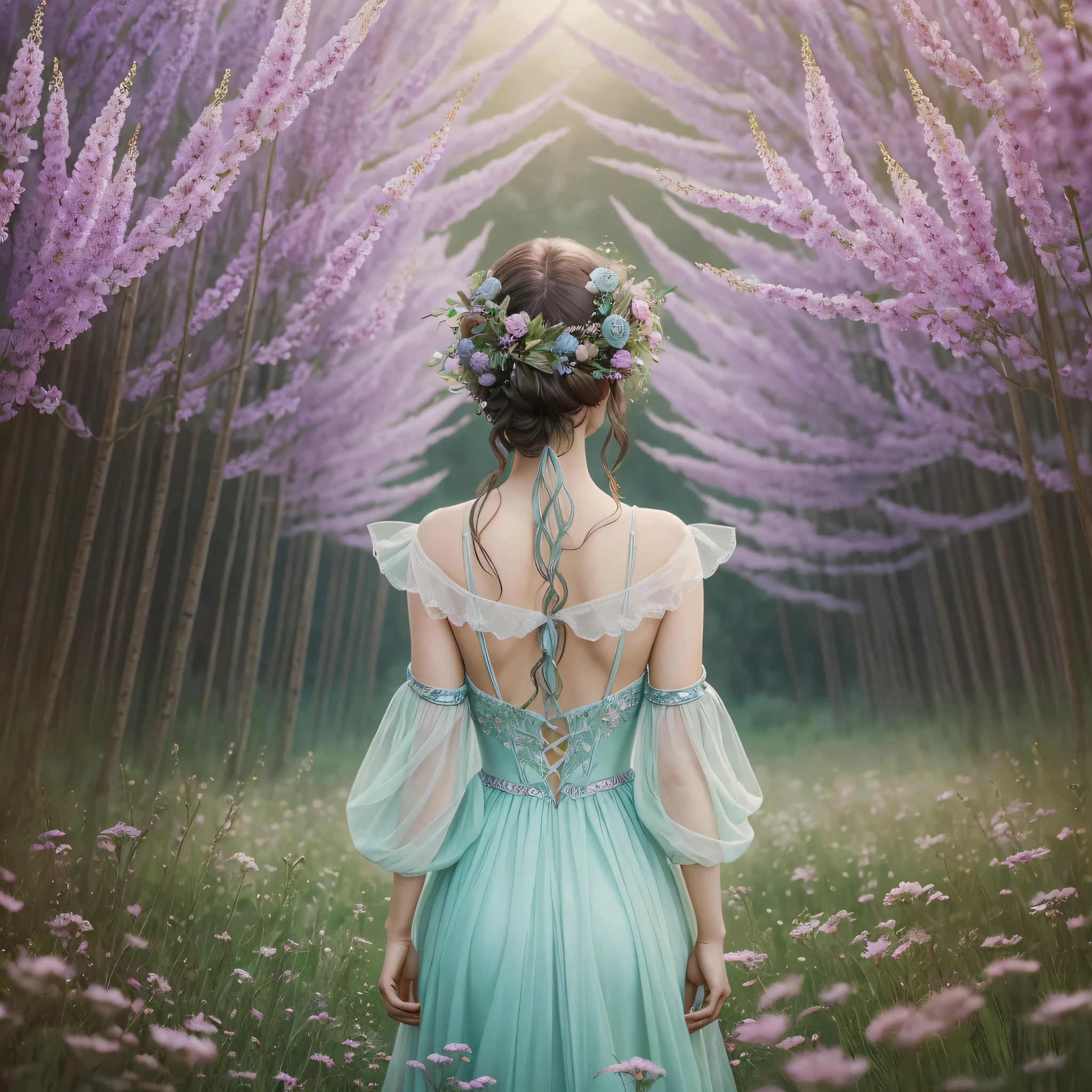 There is a woman in a field seen from the back, winner of the Pexels contest, magical realism, an ethereal and extravagant portrait, Monia Merlo, dreamy scene, surreal portrait photography, lost in a dreamy fairy landscape, artistic interpretation, an ethereal, promotional shot --auto --s2