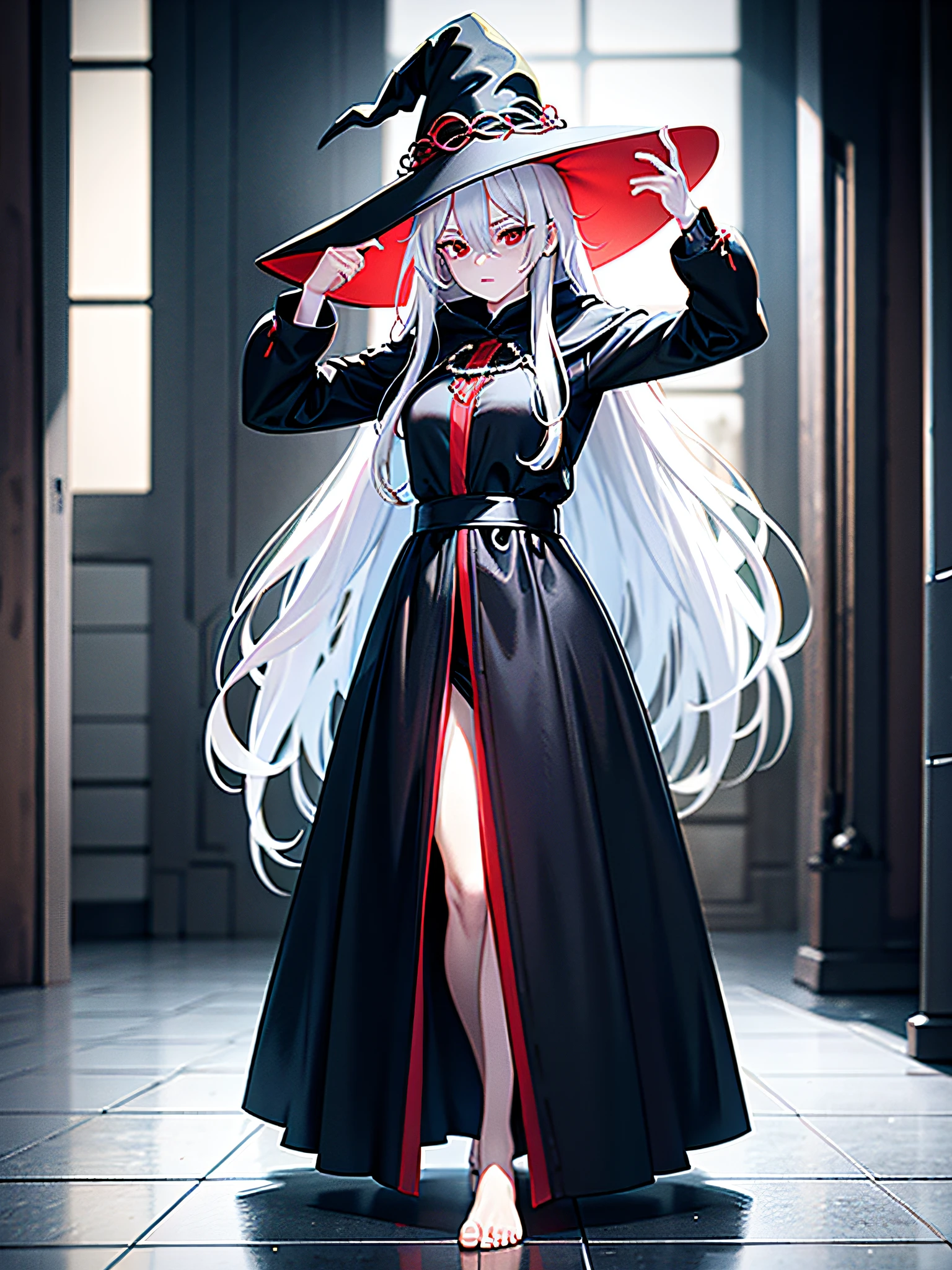 RAW photo, one person, full body black robe, skin invisible, red eyes, full body photo of 60 year old woman, pointing here, wavy white hair, long hair, witch hat, white skin, slender body, background is urban ruins, (very detailed skin: 1.2), 8k UHD, DSLR, soft lighting, high quality, film particles, fujifilm XT3
