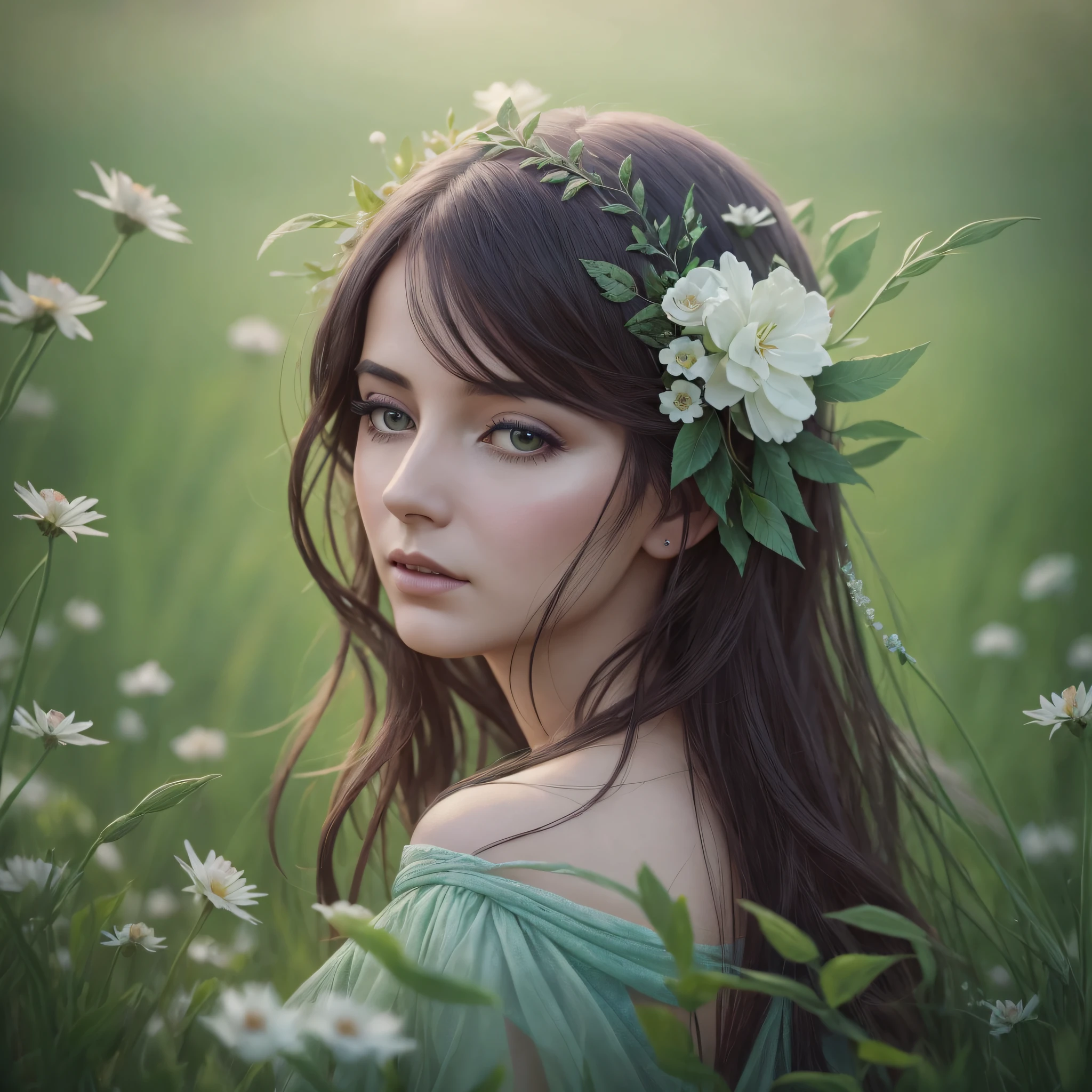 There is a woman in a field seen from the back, winner of the Pexels contest, magical realism, an ethereal and extravagant portrait, Monia Merlo, dreamy scene, surreal portrait photography, lost in a dreamy fairy landscape, artistic interpretation, an ethereal, promotional shot --auto --s2