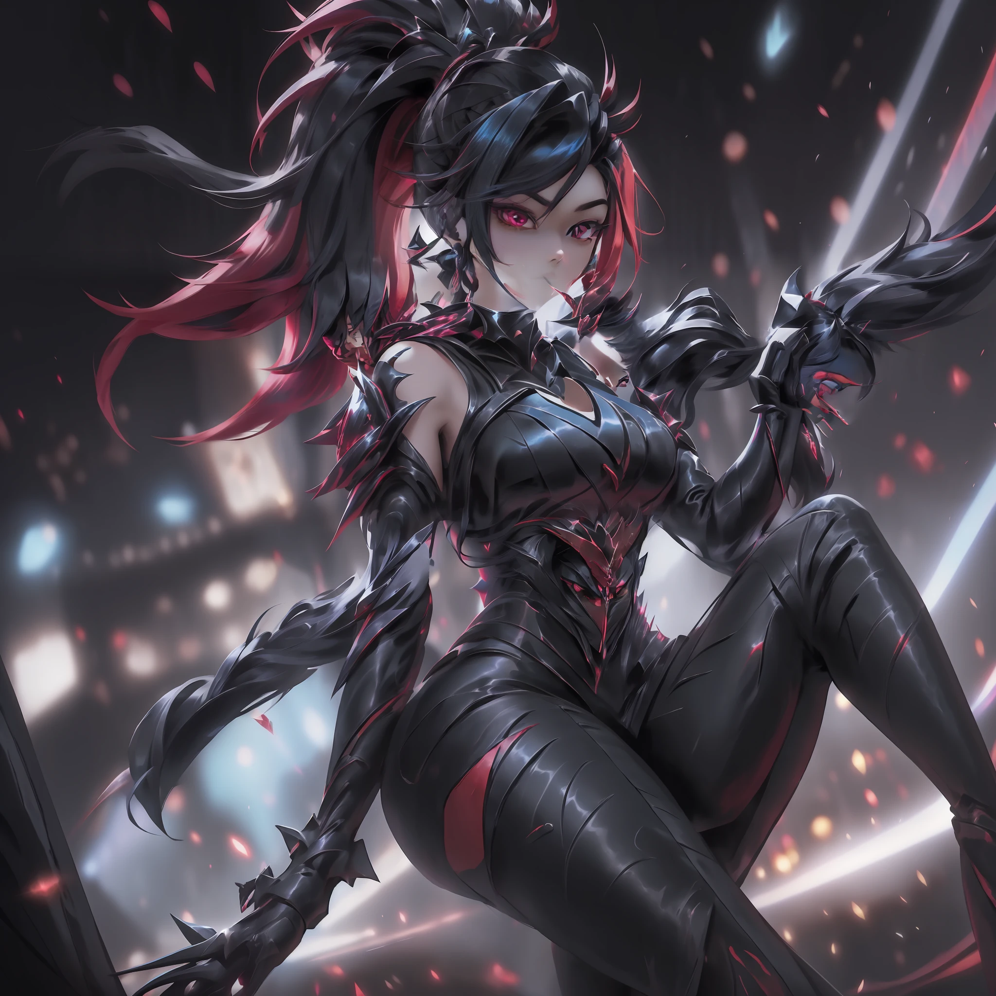 a villain,((bright red suit with stretch black details)), stretch black gloves, ((strong black long hair tied in a high tail)), "K/DA (League of Legends)" style, lots of brightness, well-crafted shadows, scenic lighting, various particle effects, 4K, UHD