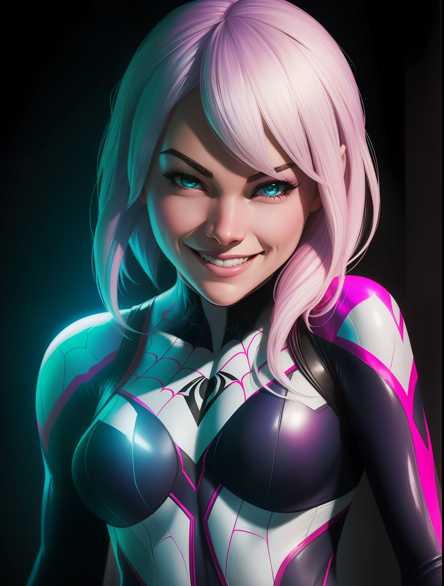 Hyper-realistic Comic portrait of a pretty Spider-gwen smiling, funny. Cinematic style, Marvel character, Hot body, sexy, sensual, Nice boobs, Glowing, realistic textures. Background in paint Comic style.
