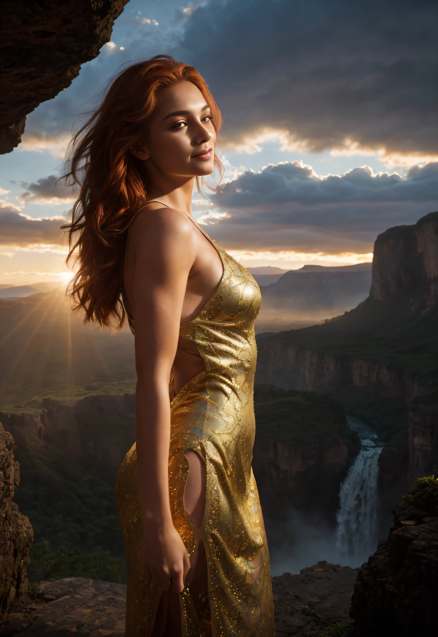 Masterpiece, (((full figure supermodel ))) entire body in frame, (((magical lighting action shot))) (((beautiful fit pale smiling goddess Irish woman arched back on stone surrounded by clouds in heaven vast waterfalls fantasy landscape deep canyon cosmic, galactic, garden))), (((blue and gold lace exotic intricate heavenly dress showing off body, looking into the camera))) , ((( redhead hair, accurate hands accurate eyes))) moody lighting, blue hour, blue colors, very detailed, dramatic lighting, digital art trending on Artstation 8k HD high definition detailed realistic, detailed, skin texture, hyper detailed, realistic skin texture, armature, best quality, ultra high res, (photorealistic:1.4), high resolution, detailed, raw photo, sharp re, nikon d850 film stock photograph 4 kodak portra 400 camera f1.6 lens rich colors hyper realistic lifelike texture dramatic lighting unrealengine trending on artstation cinestill 800, (((accurate female anatomy, perfect eyes))) (((500px, fstoppers, photosight.ru, iso noise))) (((SFW clothes)))