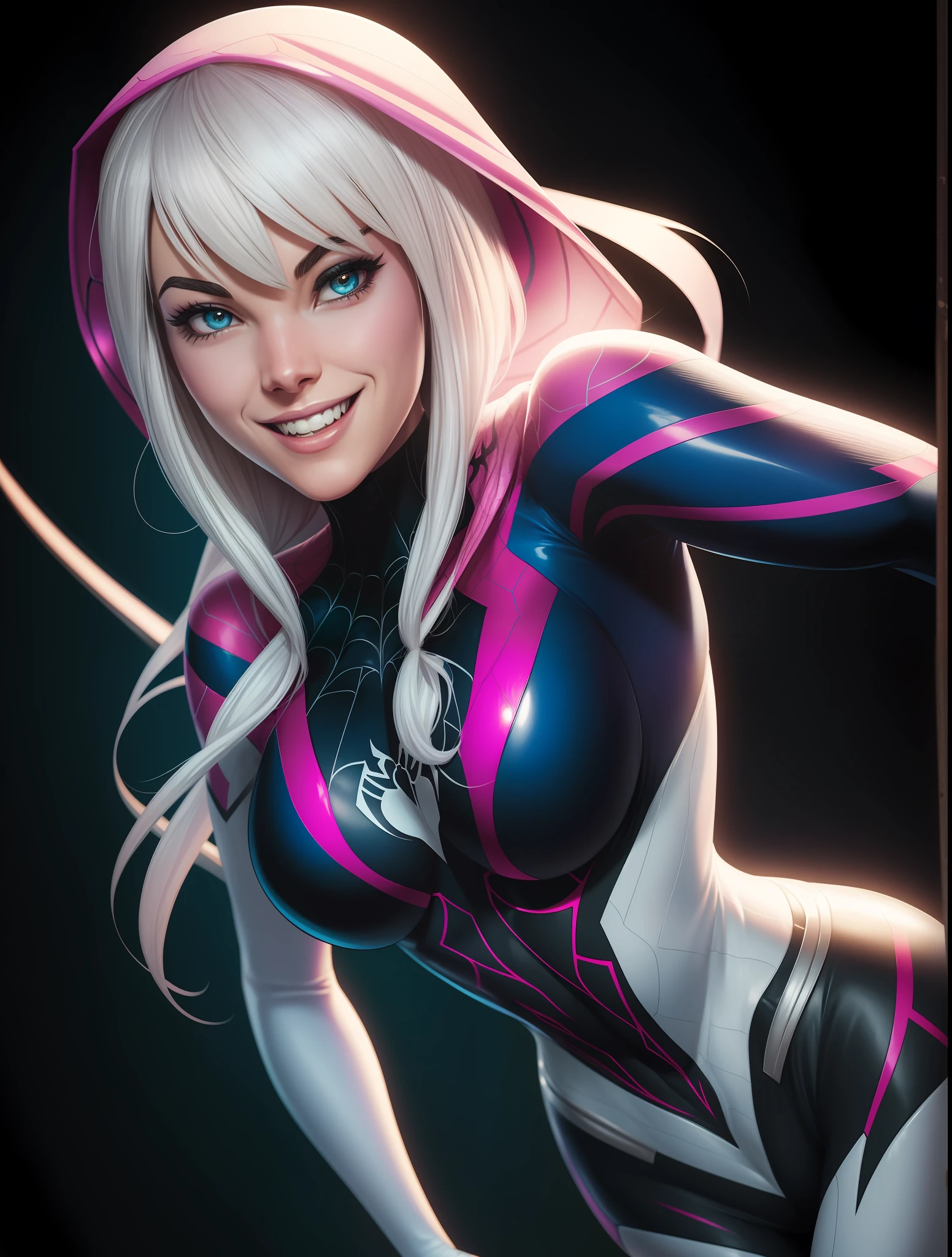 Hyper-realistic Comic portrait of a pretty Spider-gwen smiling, funny. Cinematic style, Marvel character, Hot body, sexy, sensual, Nice boobs, Glowing, realistic textures. Background in paint Comic style.