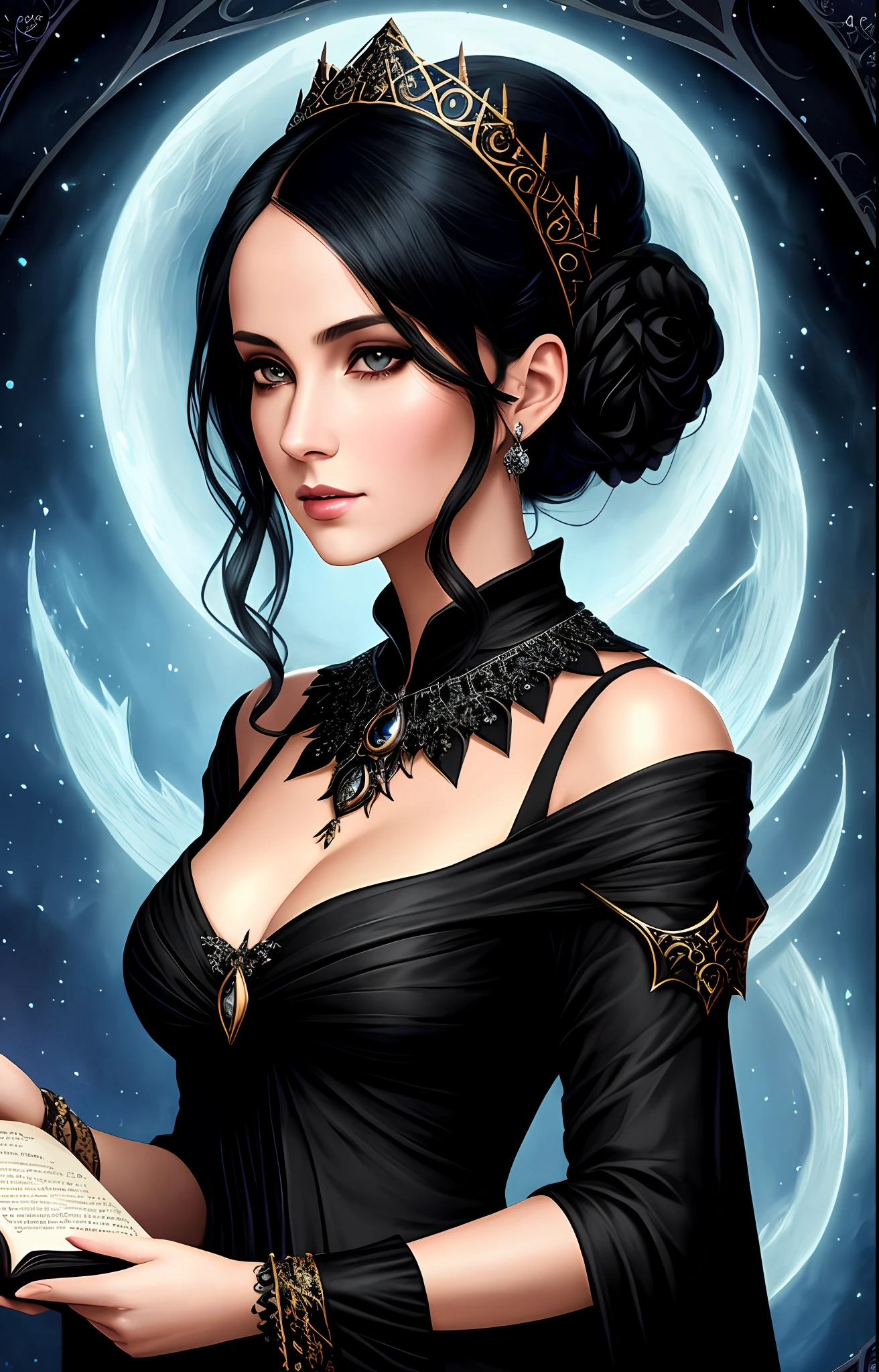 arafed image of a woman in a black dress holding a book, holding spell book, fantasy book cover, book portrait, holding grimoire, fantasy book illustration, spell book, grimoire, art concept for a book cover, story book, baroque digital painting, novel cover art for a book, tom bagshaw style, rpg book portrait, the librarian