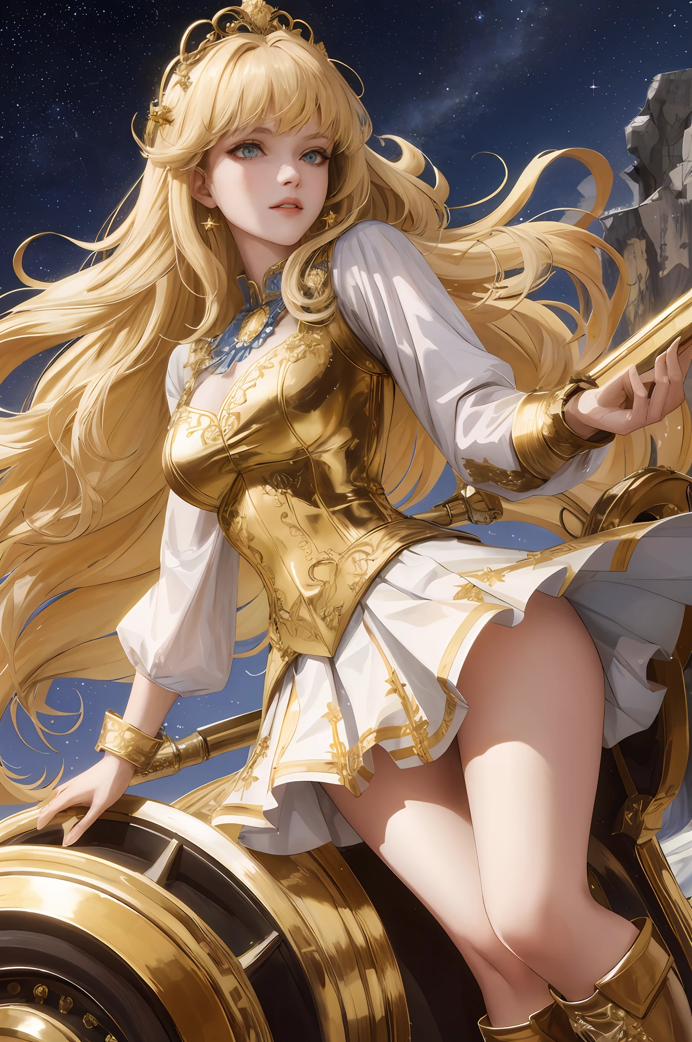 Best quality, masterpiece, very detailed, semi realistic, 1 girl, young woman, 19 years old, golden long hair, right eye covered by bangs, blue right eye, jewelry crown, white and gold palace-style short skirts, golden iron boots, slender figure, holding a sword, right eye covered by bangs, right eye covered by bangs, same suit, same clothes, with stars and things from galaxies in the background