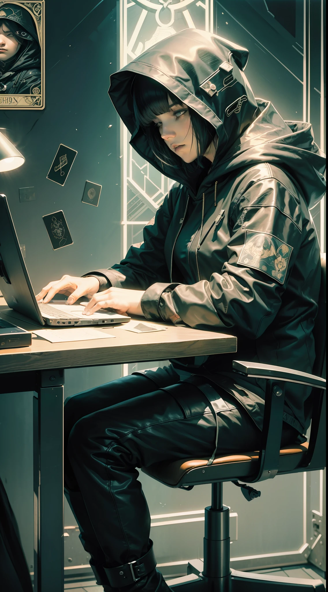 Hacker with hood on head,medium black hair with bangs,fat body,face in shadows,expression of boredom,expression of sleep,married black leather,sitting on a computer chair,metal crown,dark scenery,hand drawing,illustration,art nouveau,tarot cards