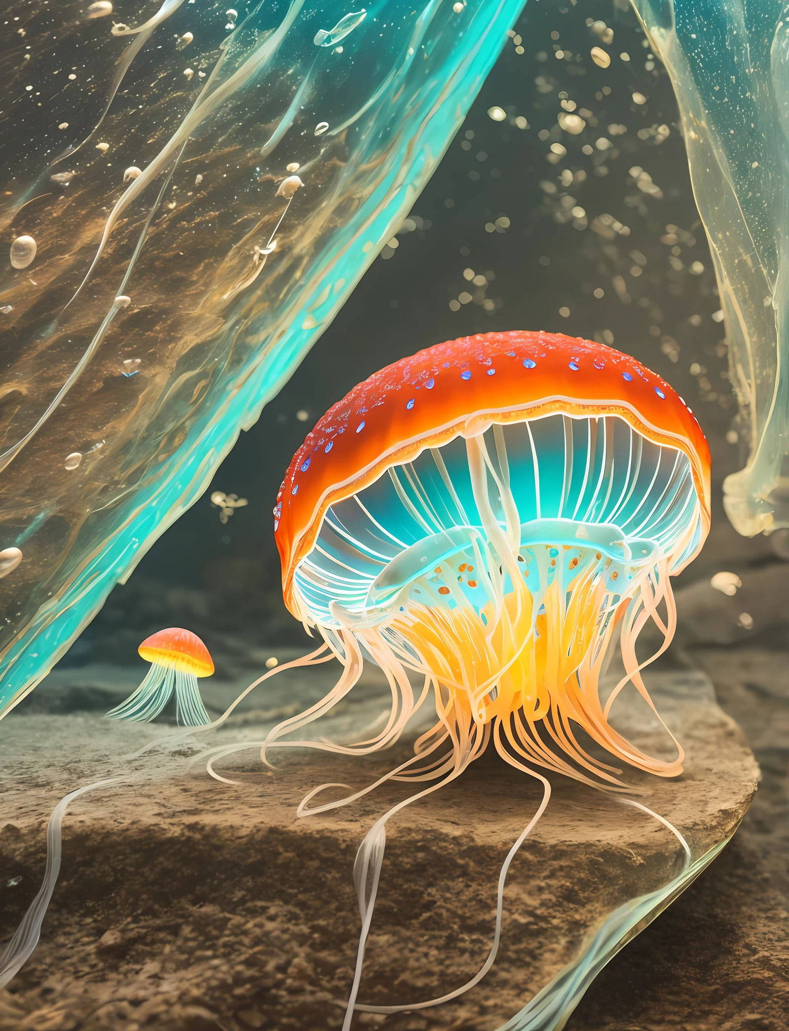Highly detailed abstract objects, jellyfish, photorealistic photography, 32K, landscape, pure
