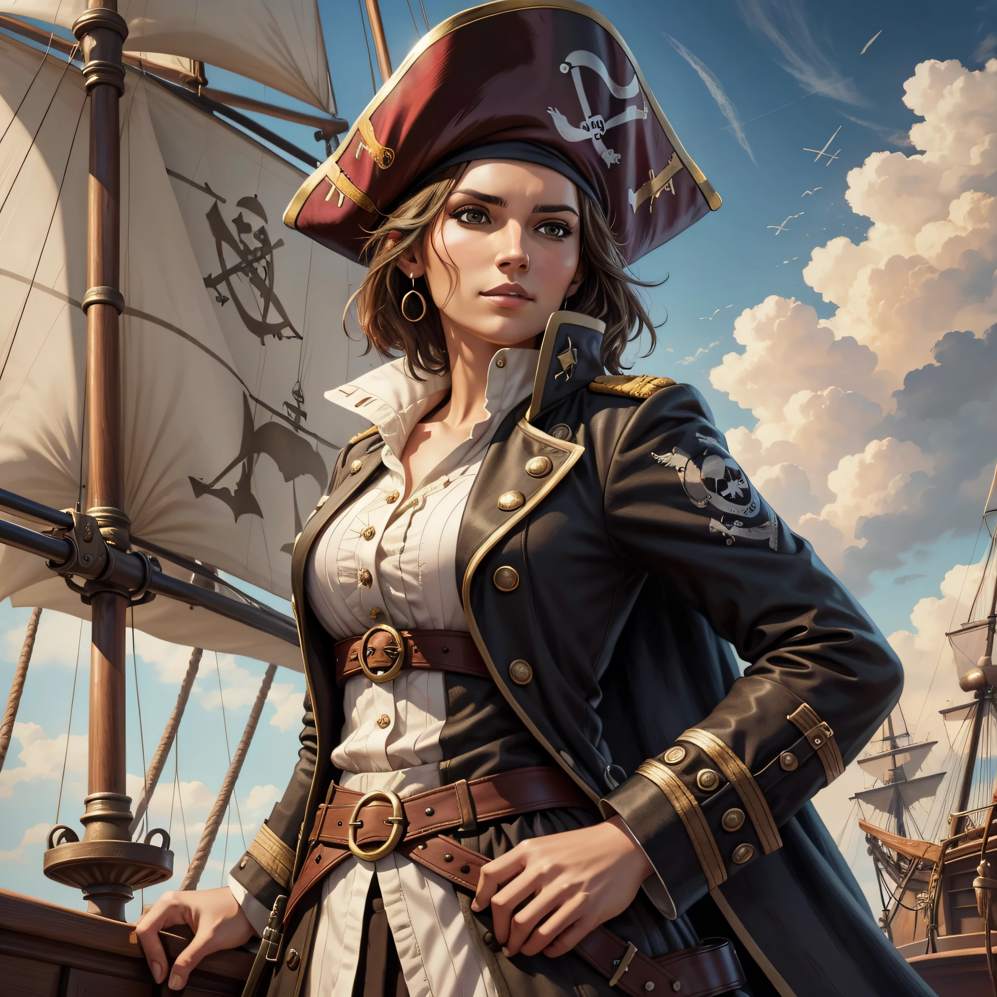 Pirate Captain Brown Woman in Spanish Uniform, Wind, Pirate Ship, on deck, Beautiful Digital Artwork, Long Coat, Short Hair