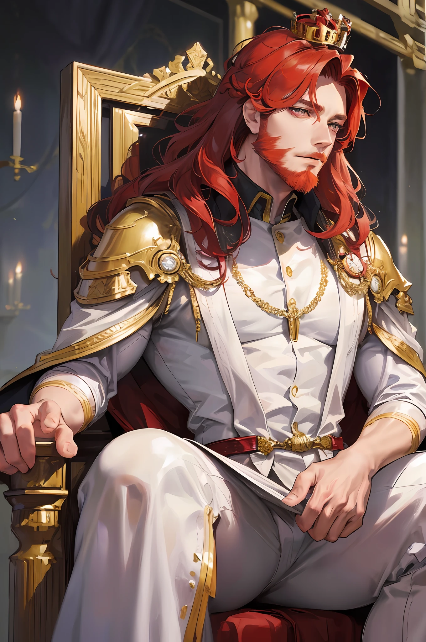 Official Art, Masterpiece, Sharp Focus, (Beautiful Gorgeous Man:1.3), (Beautiful and Thick Man:1.3), Delicate and Beautiful Hair and Eyes and Face, Realistic, Very detailed, Muscular Man, Seated on the Throne, (Side Lighting:1.2), ((Looking ahead, with both eyes open)), Short curly hair, Building, (Sikyung:1.7), Detailed platinum red hair, shining golden eyes, Gorgeous emperor attire, Fluttering drapery, With a gold crown on his head,  Red-bearded, majestic, fearful eyes,