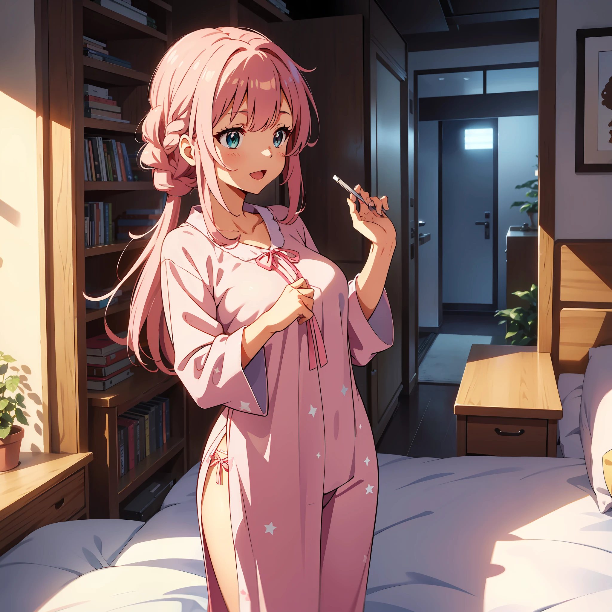 Anime illustrations in the style of "Kyoto Animation", highest quality, (cute: 1.1), (cute), (high resolution: 1.2), incredibly ridiculous: 1.3, incredibly fine illustrations, break 1 beautiful girl, Solo, (heterochromia, light blue eyes and light green eyes), silhouette of star eyes, solo, standing figure, happy, :d, princess eyes, big breasts, break, braid, light pink hair, semi-long hair, red ribbon at the end of braid, break, Sheer pajamas, eyes closed, sleeping on bed, writing buttocks, drooling