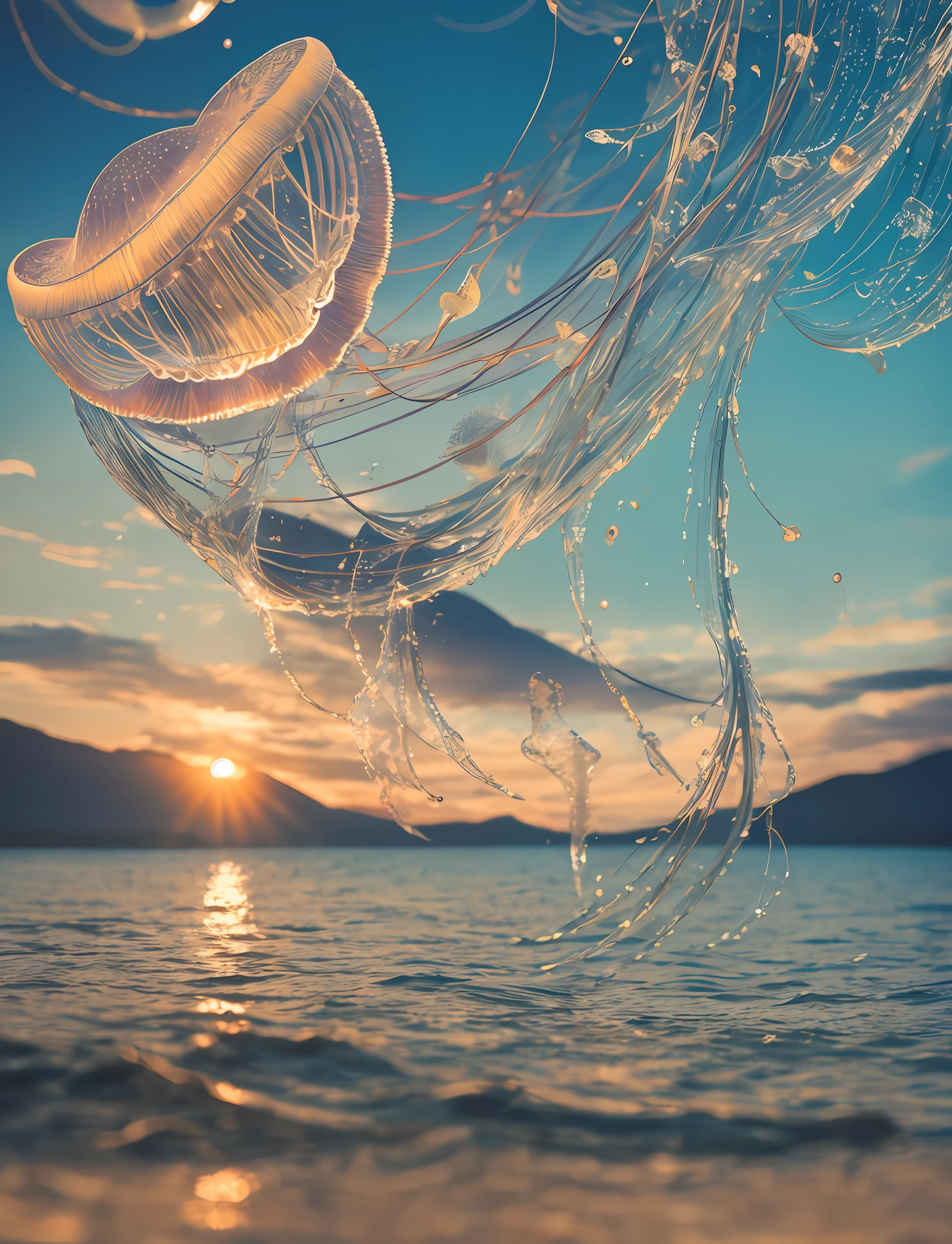 Highly detailed abstract objects, jellyfish, photorealistic photography, 32K, landscape, pure