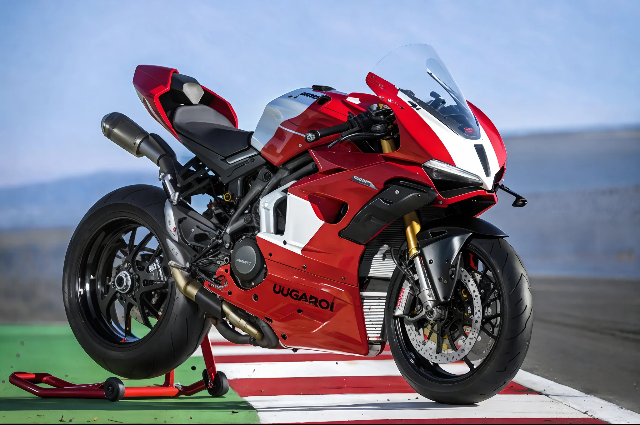 arafed motorcycle parked on a race track with a red and white stripe, huge ducati panigrale motorbike, photo still, super high resolution, portrait shot, contest winning masterpiece, hyper realistic ”, hyper realistic”, it has a red and black paint, 8 k very red colors, high quality photo, ray tracing on, photorealistic ”, photorealistic”, high res