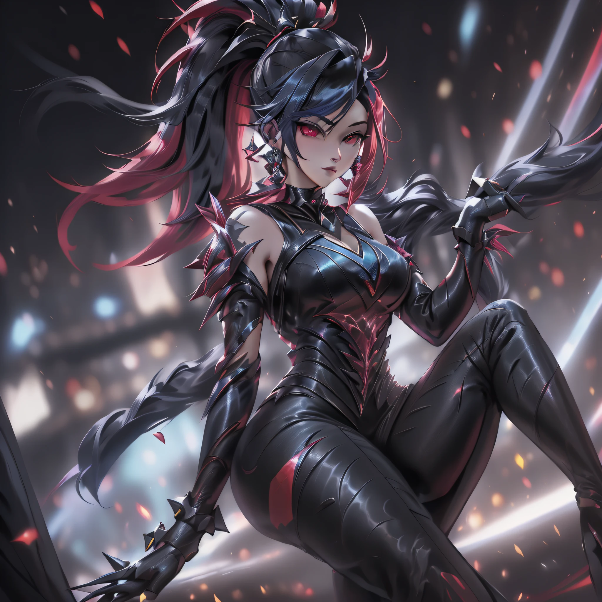 a villain,((bright red suit with stretch black details)), stretch black gloves, ((strong black long hair tied in a high tail)), "K/DA (League of Legends)" style, lots of brightness, well-crafted shadows, scenic lighting, various particle effects, 4K, UHD