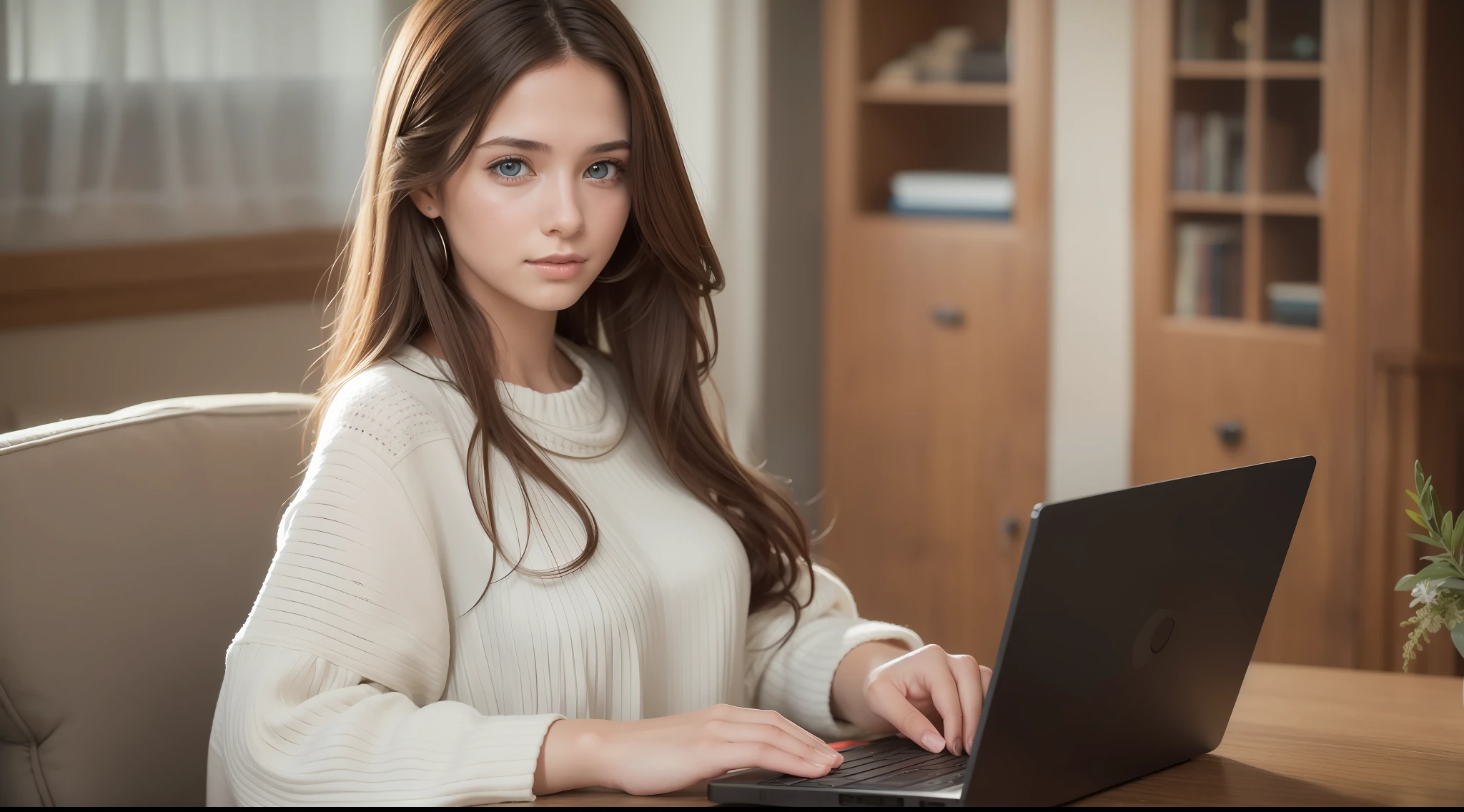 Young woman, long brown hair that falls gently in waves. Big, blue eyes, average height. stylish clothes with touches of creativity and originality, natural skin, clothing details, in the living room, studying with computer, smiling, happy, 8k texture, highly detailed, realistic, soft cinematic light, HDR, focus sharp, masterpiece, photorealistic, award-winning photography, 35mm,