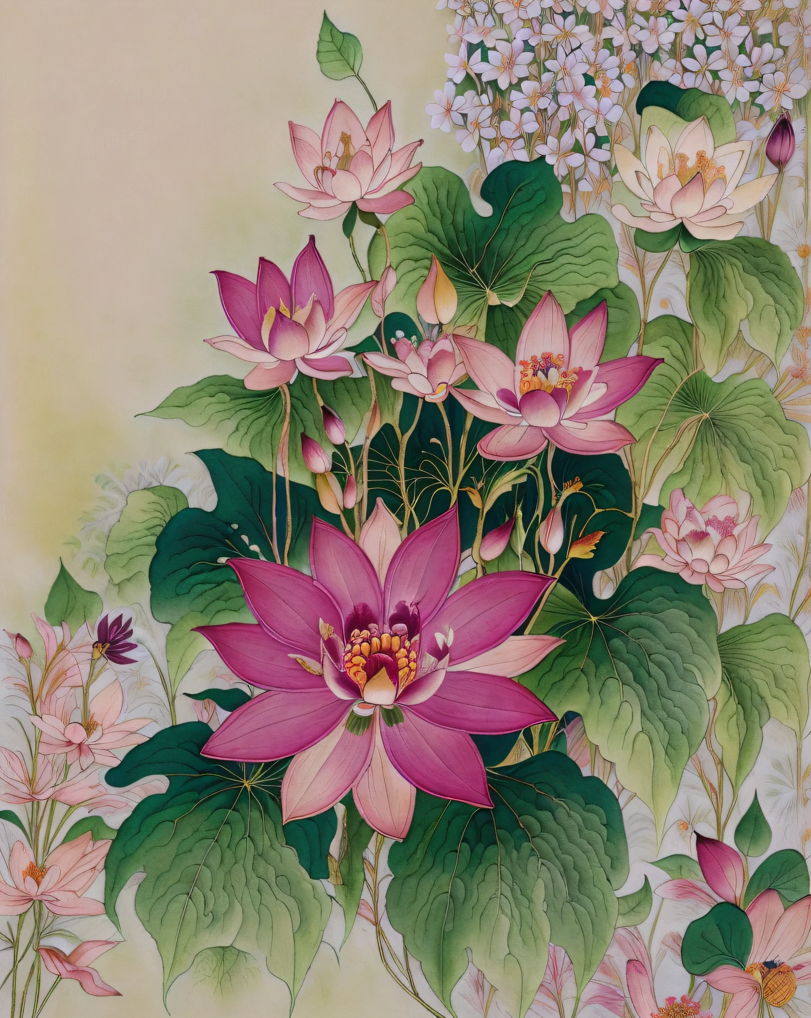painting of a pink flower with green leaves on a white background, kalighat flowers, inspired by Maria Sibylla Merian, botanical artwork, colored pencil art on paper, traditional painting, inspired by Marianne North, flowers with intricate detail, botanical art, with lotus flowers, inspired by Maksimilijan Vanka, inspired by Christoffer Wilhelm Eckersberg