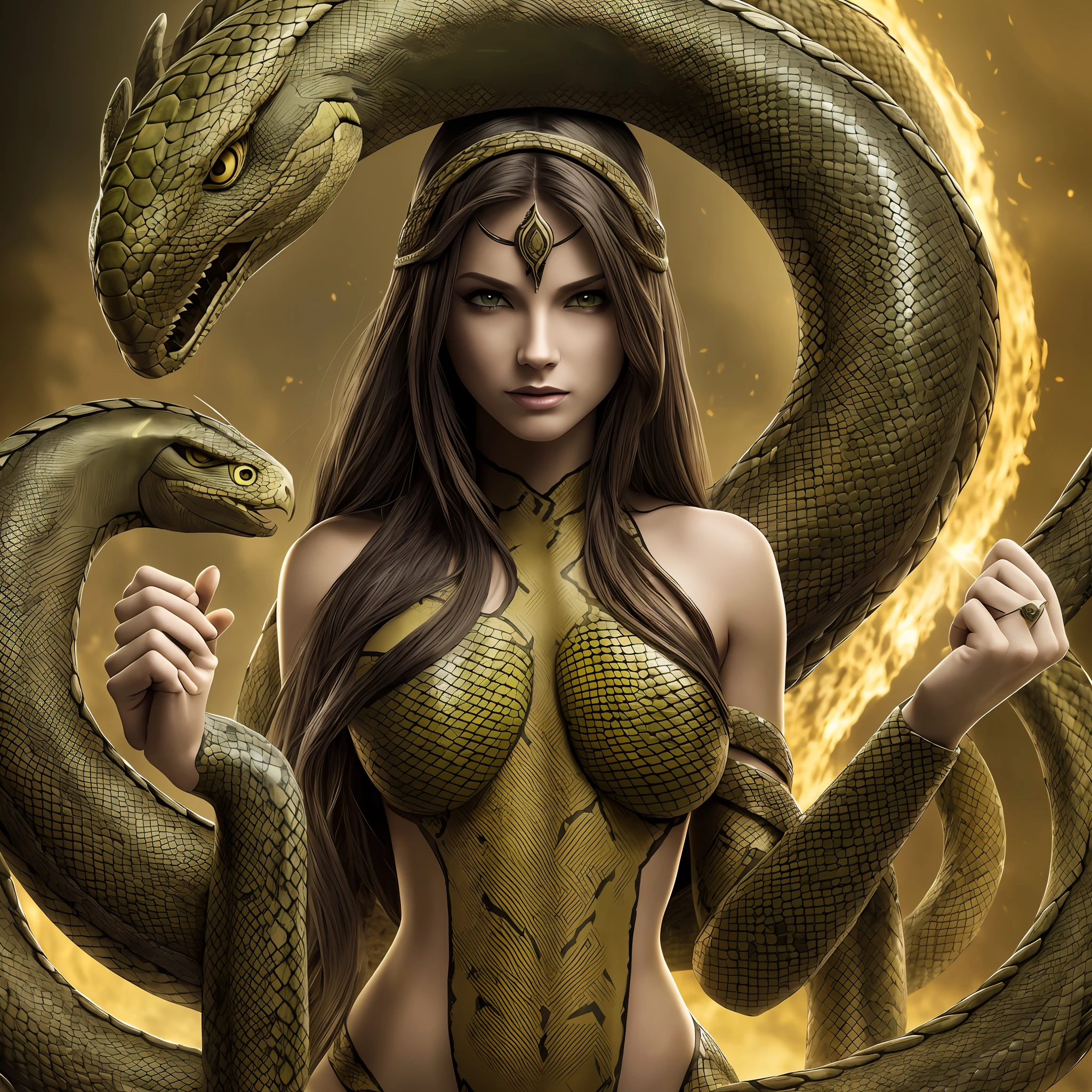( ultra quality 4 k) , woman snake body, snake goddess ,reptilian, dark environment ,dirty,dirt,demonic appearance,eagle clawed hands,feminine appearance,dragon color yellow eyes equal snake,detailed image..