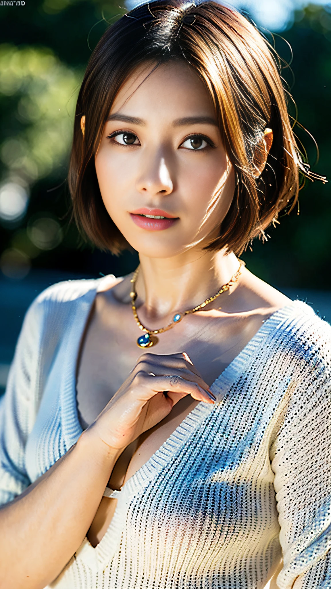 (Best quality, 8k, 32k, Masterpiece, UHD:1.2),Photo of Pretty Japanese woman, large breasts, very short bob hair,upper body,face focus,oversized_sweater, necklace, simple background, from above, looking at viewer,