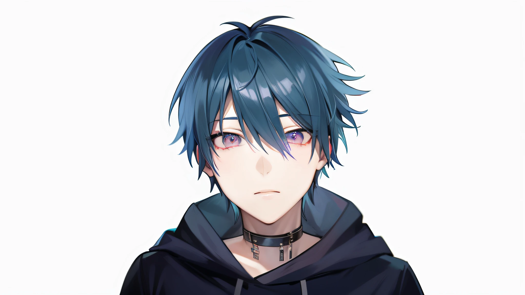 Anime boy with blue hair and black hoodie looking at camera, Kazuto Okada, 2D anime style, young anime man, anime moe art style, Ikuto Yamashita, anime portrait of handsome man, portrait gapmoe yandere grim dark, Hana Hatta, male anime character, Nobutaka Ike, anime boy, pink eyes