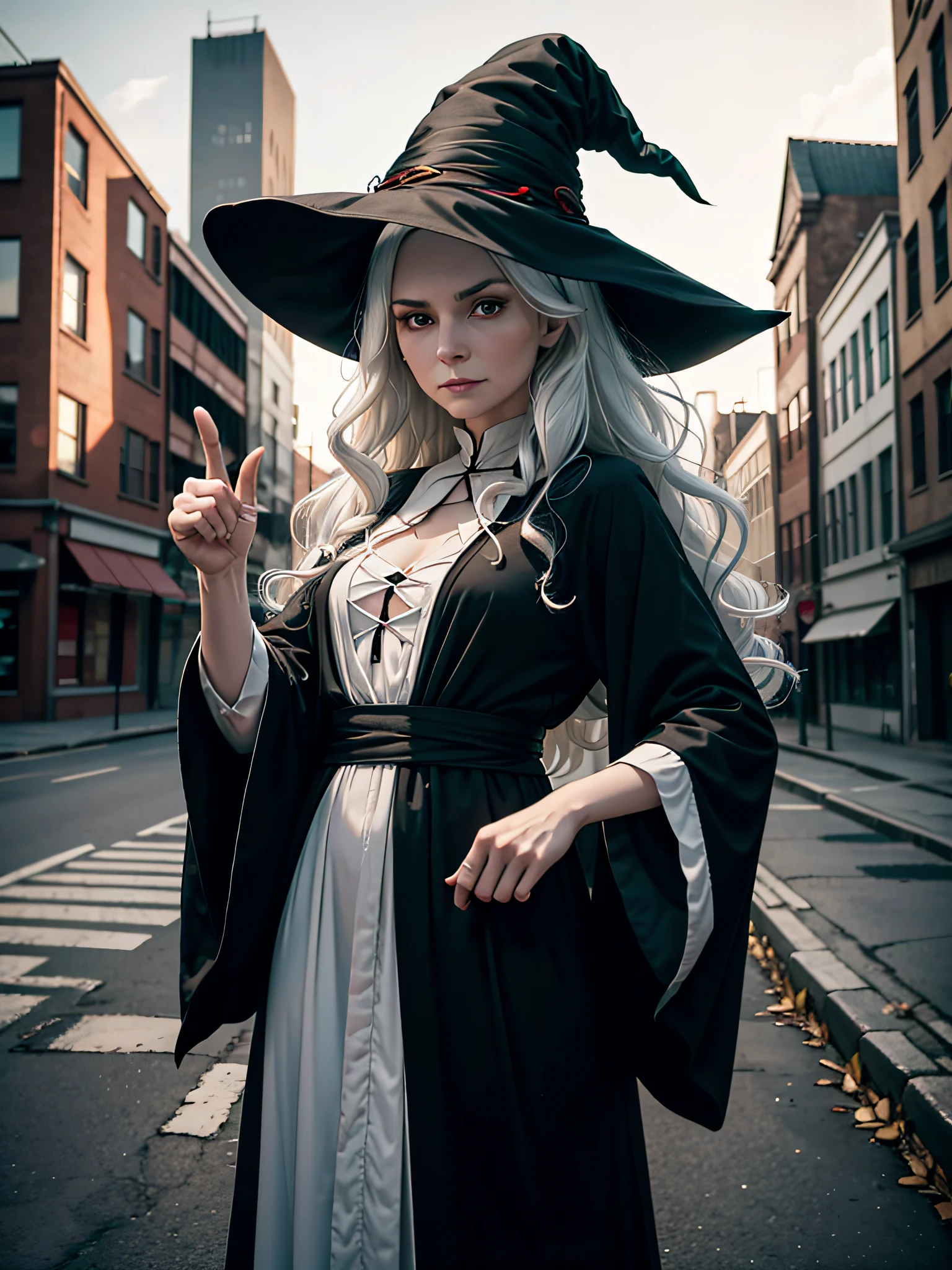 RAW photo, one person, full body black robe, skin invisible, red eyes, full body photo of 60 year old woman, pointing here, wavy white hair, long hair, witch hat, white skin, slender body, background is urban ruins, (very detailed skin: 1.2), 8k UHD, DSLR, soft lighting, high quality, film particles, fujifilm XT3