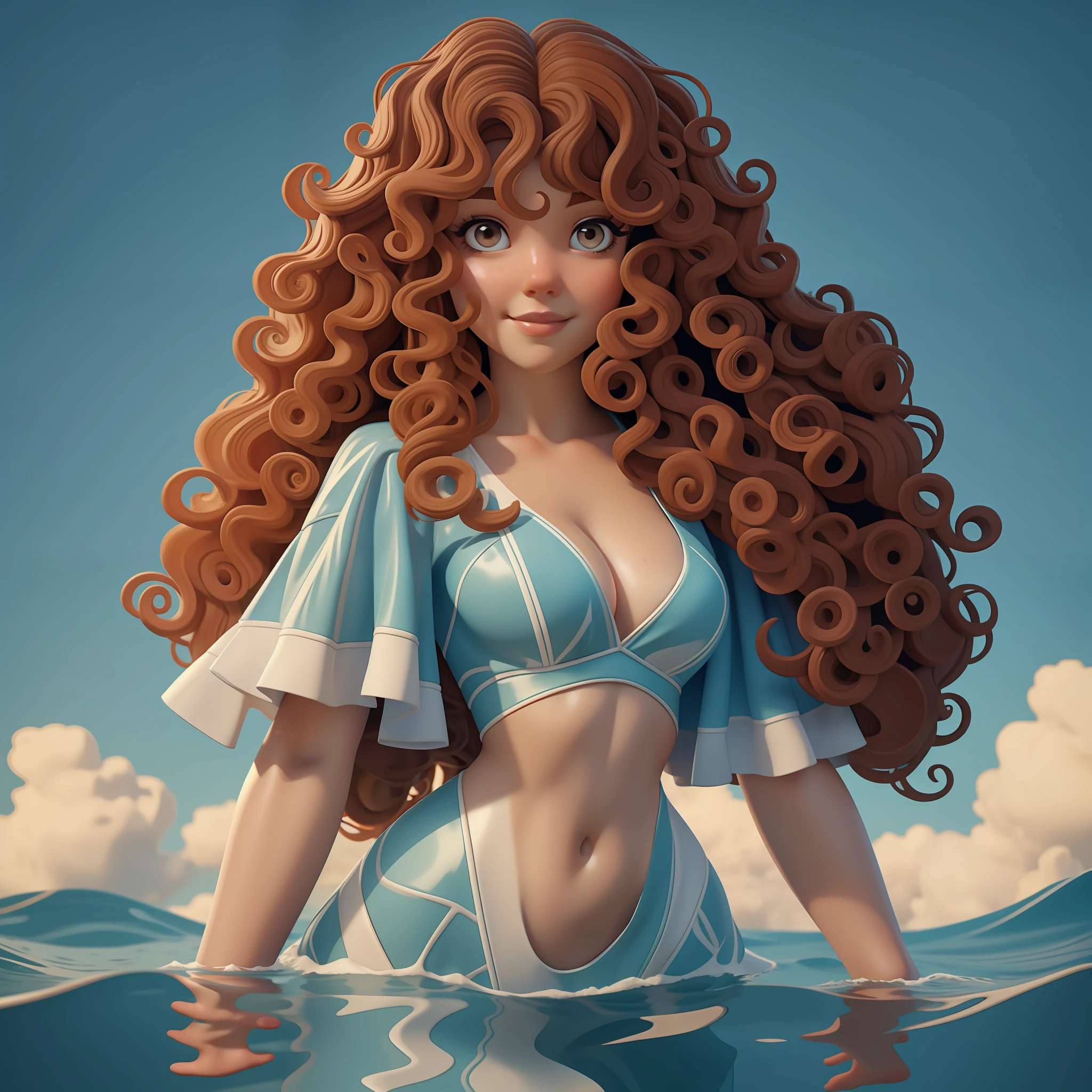 a curly-haired woman with uneven, abnormal waters covering her body