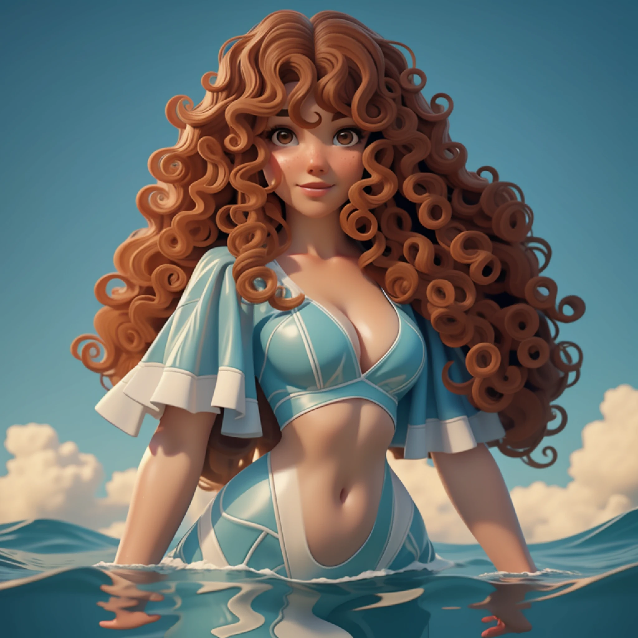 a curly-haired woman with uneven, abnormal waters covering her body