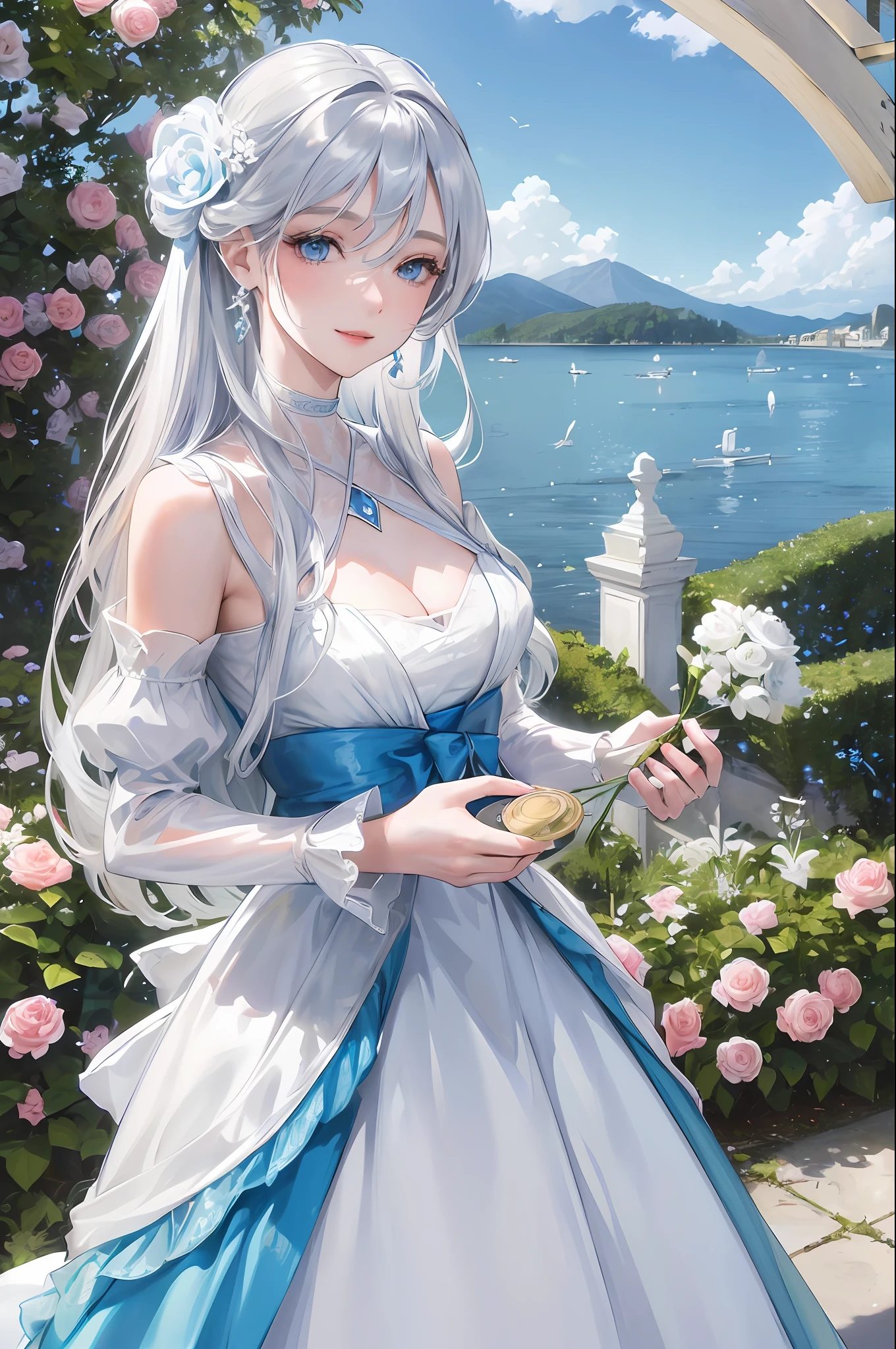 Official art, masterpiece, sharp focus, (beautiful gorgeous cute woman:1.3), (beautiful cute woman:1.3), delicate and beautiful hair and eyes and face, realistic, very detailed, beautiful woman, blue sky, (side light:1.2), sun light, white clouds, delicate clouds, thin, ((smile with eyes, open eyes)), landscape, long straight hair, rose garden with lake, (view diameter:1.7), dynamic hair, detailed platinum silver hair, Brilliant blue eyes, pure face, floating water spirits, gorgeous aristocratic dress
