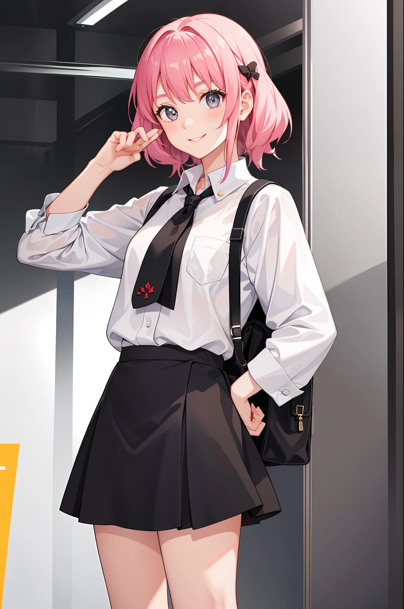 1 girl, smile, shirt, skirt, (small)