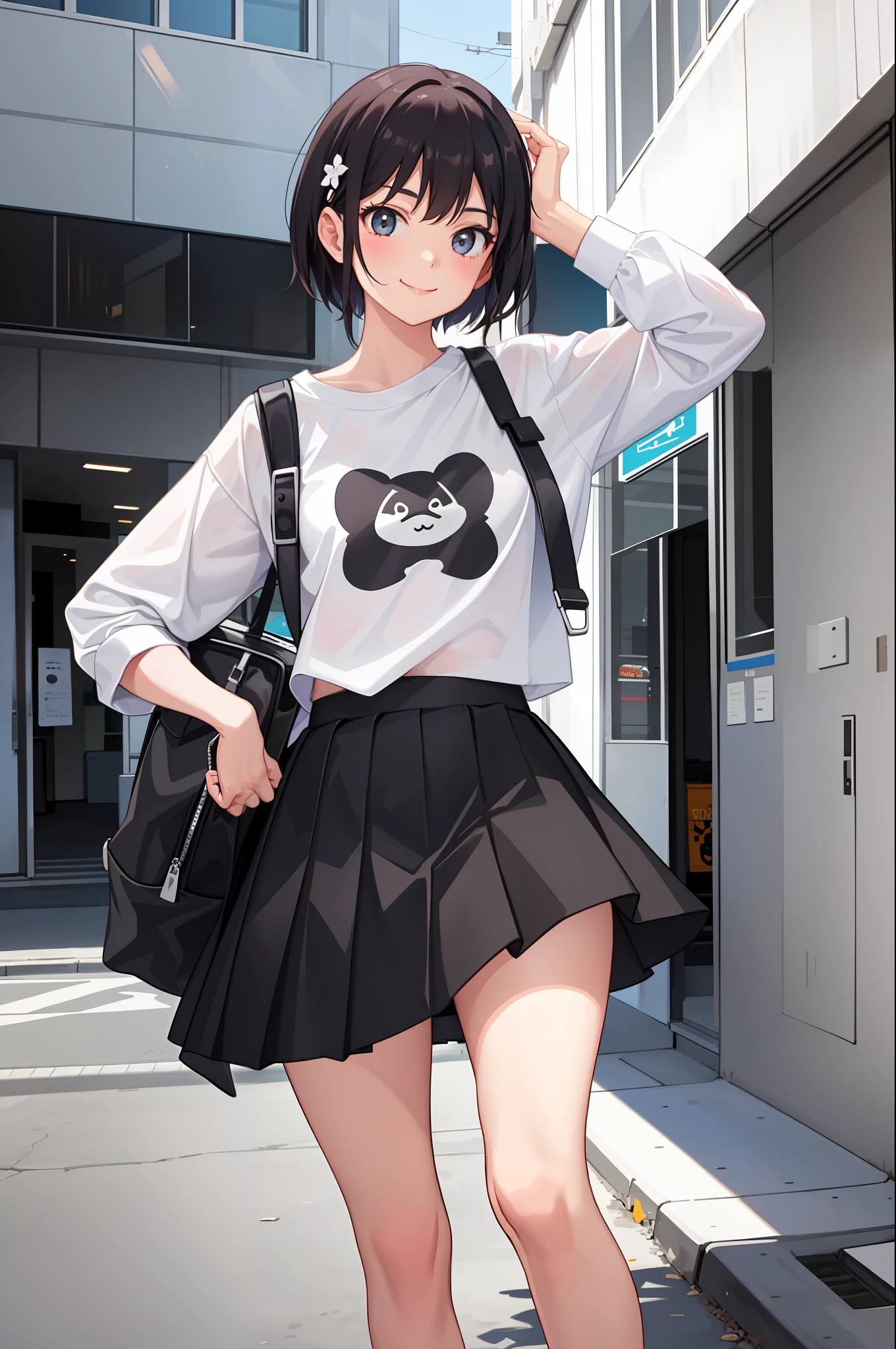 1 girl, smile, shirt, skirt, (small)