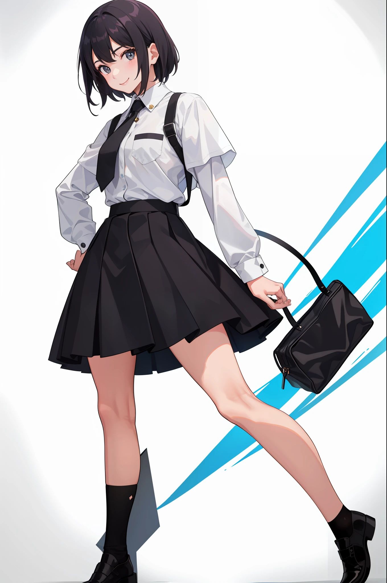 1 girl, smile, shirt, skirt, (small)