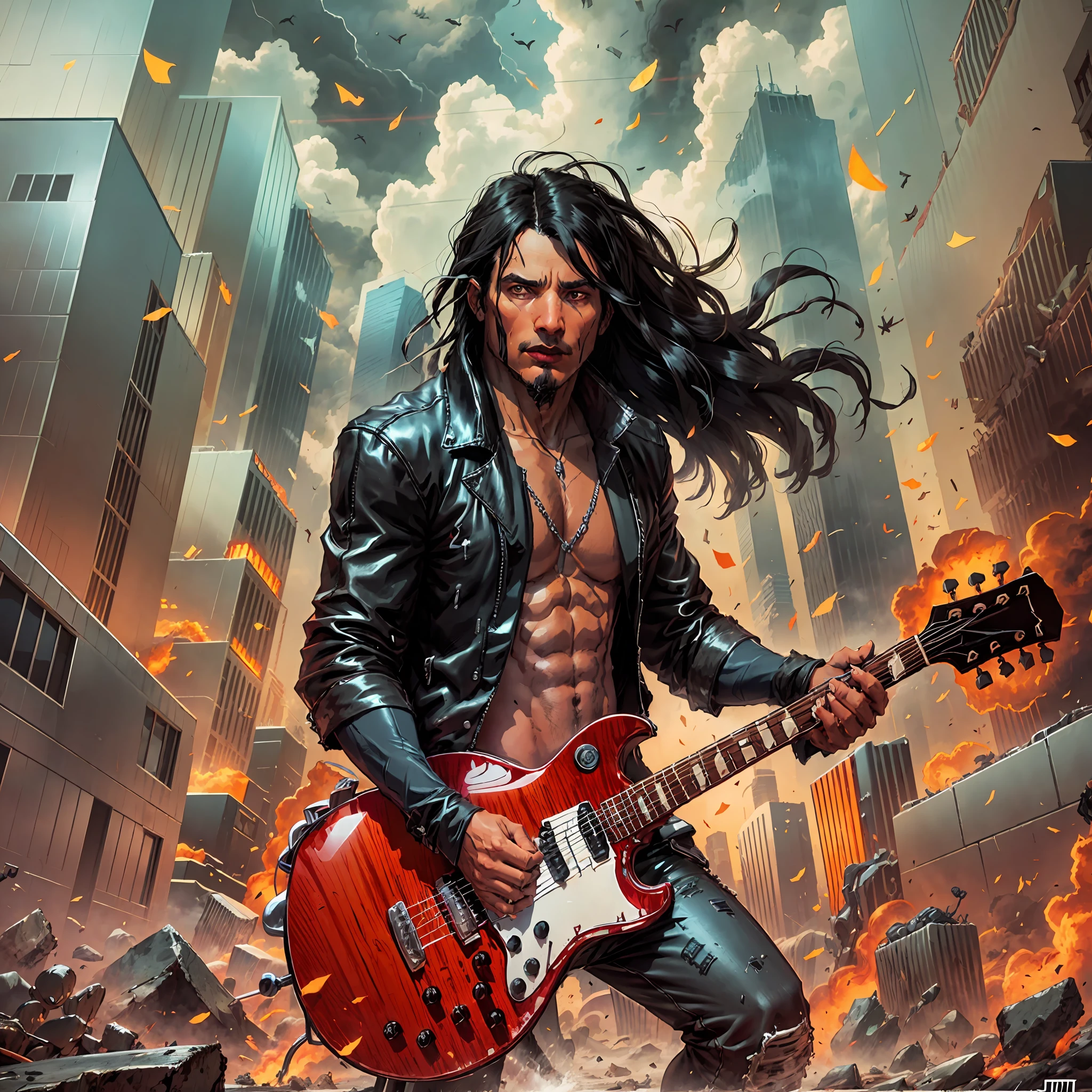 A Man (1man) with long black hair, black rock in roll style jacket playing guitar, a city completely destroyed and on fire, Epic Fantasy Digital Art Style, Epic Fantasy Illustration