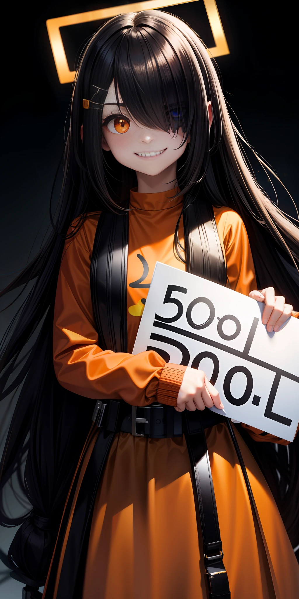 solo, 1girl, evil grin, holding sign, long hair, hair over one eye, hairclip, glowing eyes, bright pupils, orange shirt, long sleeves, mugshot, height chart
