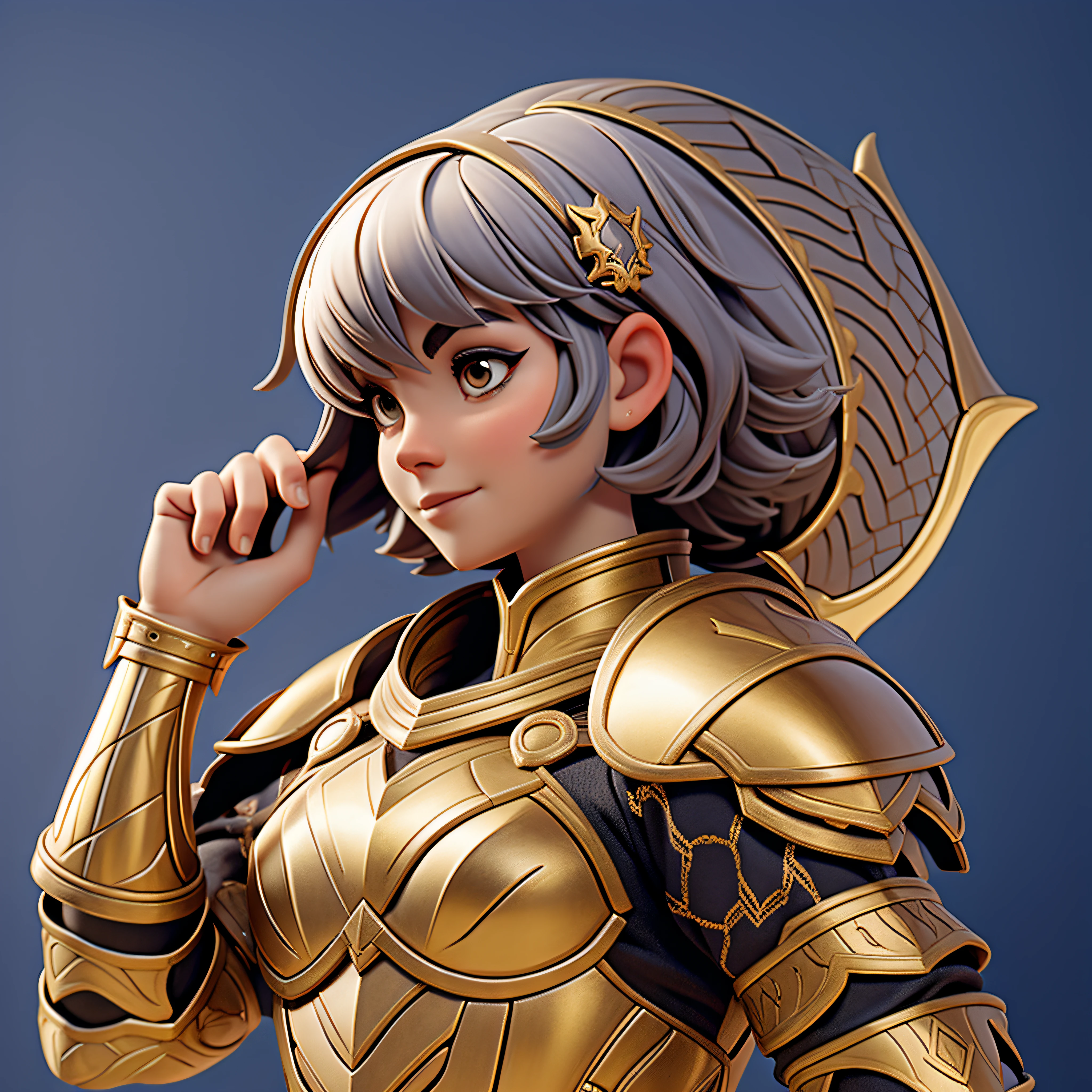 A short-haired woman in dragon armor
