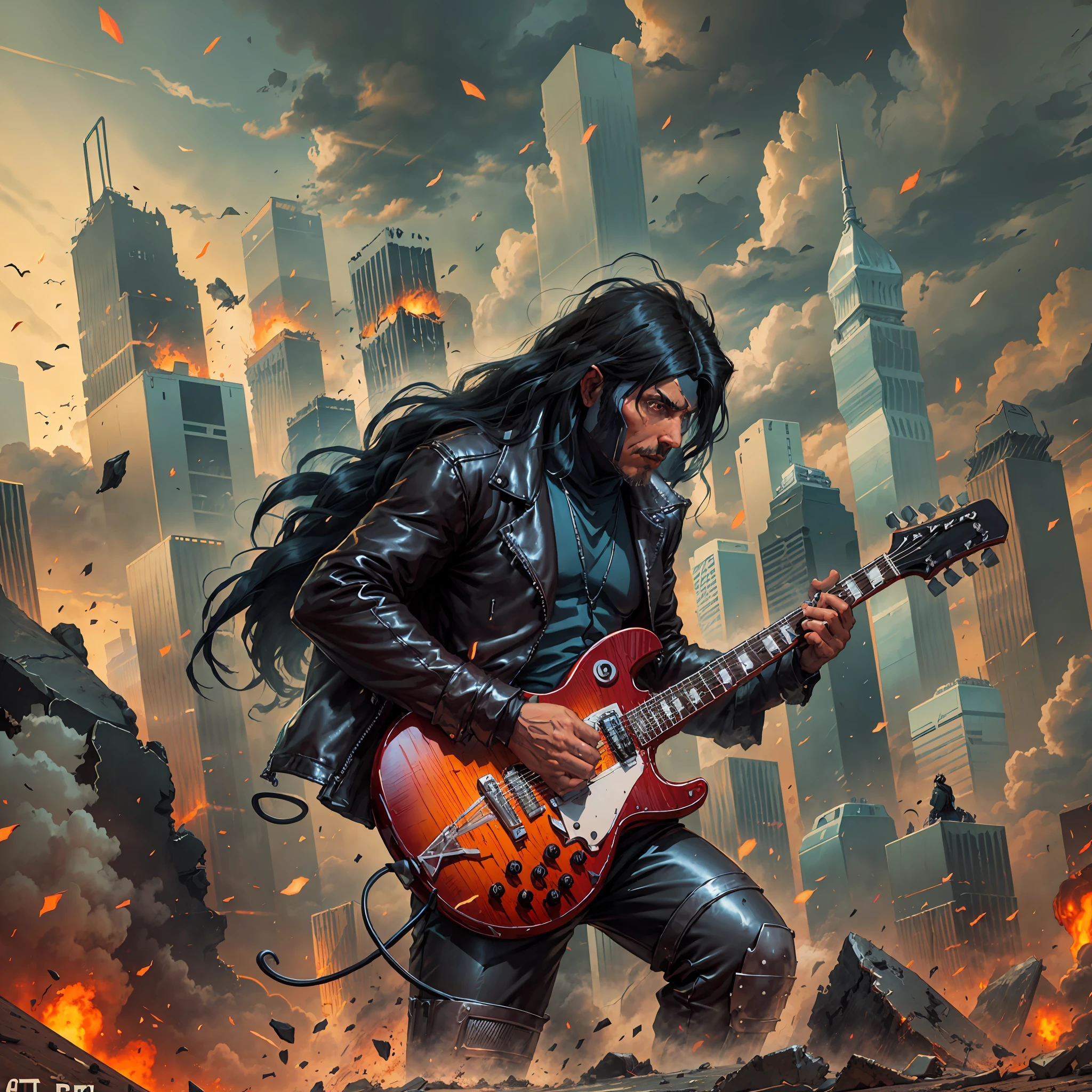 A Man (1man) with long black hair, black rock in roll style jacket playing guitar, a city completely destroyed and on fire, Epic Fantasy Digital Art Style, Epic Fantasy Illustration