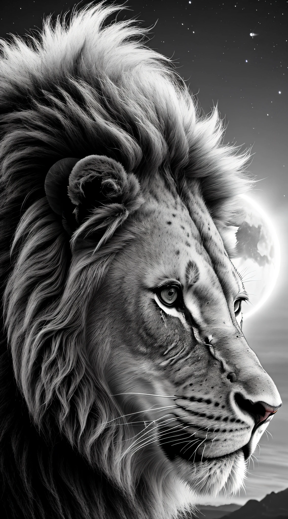 Photograph taken from afar of a humanoid lion in full king's outfit sitting on the throne, with background nebula ((best anatomy)) hyperrealism, realism, proportional, total quality, stylized