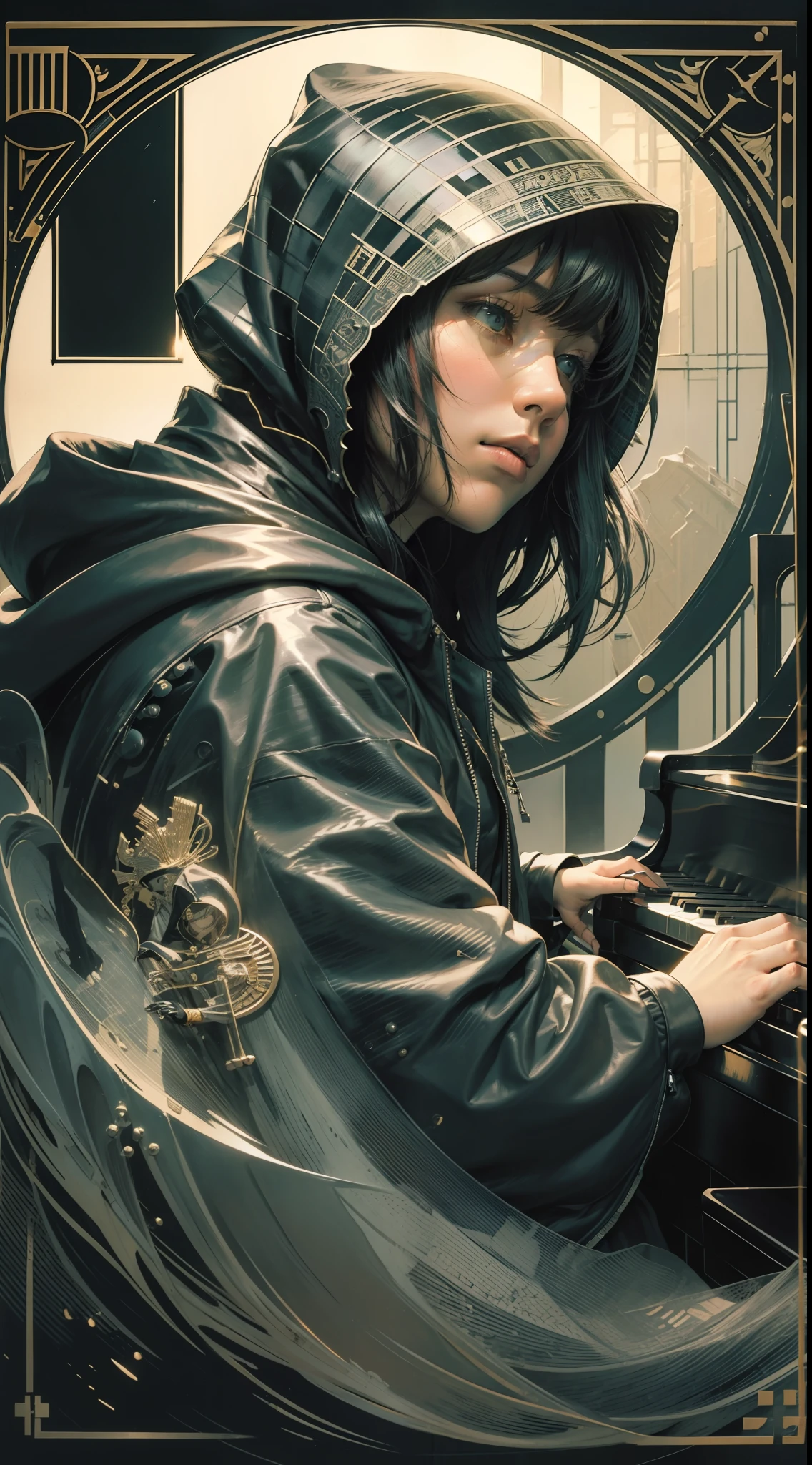 Hacker with hood on head,playing piano,medium black hair with bangs,fat body,face in shadows,expression of boredom,sleep expression,black leather jacket,sitting on a piano,metal crown,dark scenery,grand piano,hand drawing,illustration,art nouveau,tarot cards