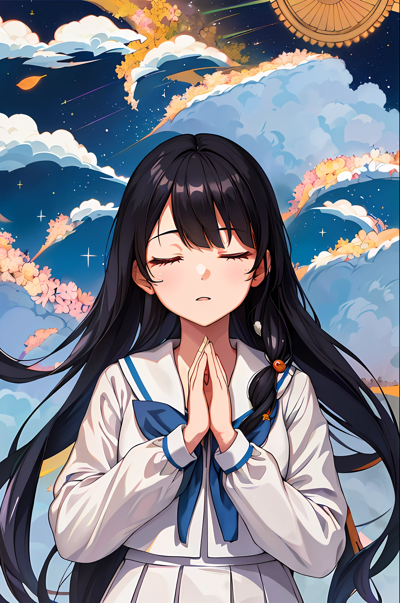 One girl, 17-year-old schoolgirl in a Japan sailor suit, black hair, petite, closed eyes, black hair long hair (((((School uniform)))), ((Masterpiece, highest quality, highest quality, official art, beautiful and aesthetic: 1.2), extreme detail, colorful, supreme detail ((ultra-detailed)), (very detailed CG illustration), ((very delicate and beautiful)), cinematic light, devastated city, prayer, looking up at the heavens