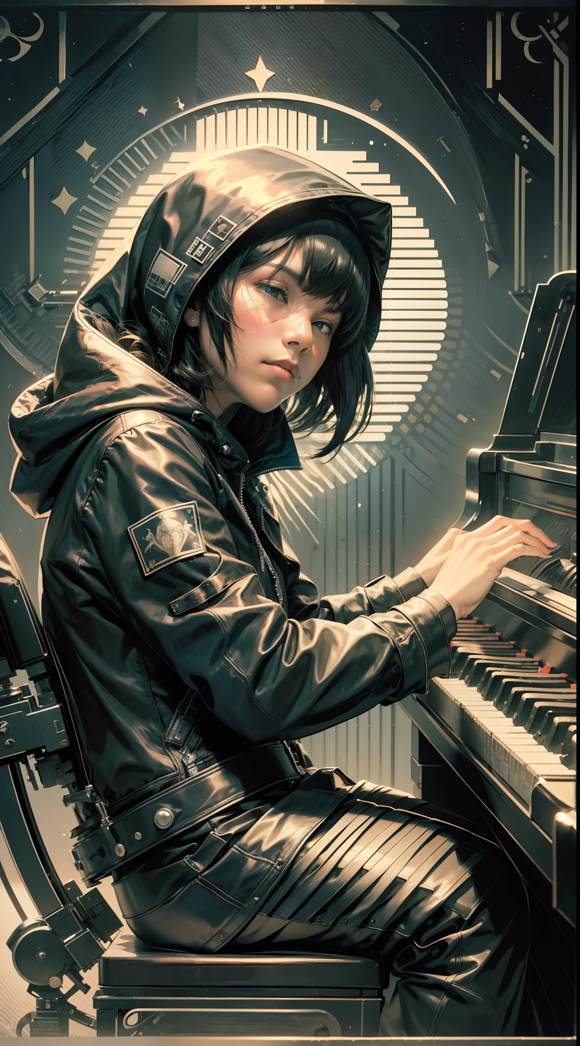 Hacker with hood on head,playing piano,medium black hair with bangs,fat body,face in shadows,expression of boredom,sleep expression,black leather jacket,sitting on a piano,metal crown,dark scenery,grand piano,hand drawing,illustration,art nouveau,tarot cards