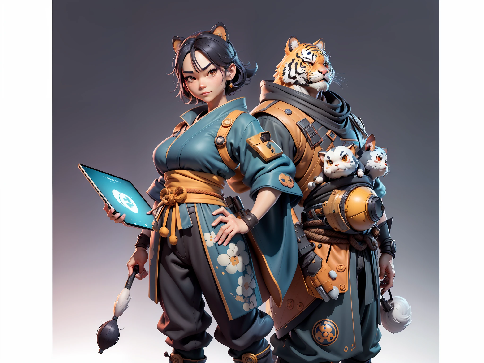 (Masterpiece), (Extreme Quality), (Super Meticulous), (Full Body: 1.2), Super Young Woman, Japanese Female Samurai Beautiful, Tiger, Sexy, Bursting, Oriental Face, TV Anchor, Bust Portrait Illustration, Alone, Black Suit, Blue Tie, Slightly Chubby Face, Very Clean Face, No Beard, Black Super Short Hair, Black Eyes, Confident Smile, 3c Computer Sub-Products, iPad, iPhone, Digital Painting, 3D Character Design by Mark Clairedon and Pixar and Hayao Miyazaki, The illustration is a high-definition illustration in 4K resolution with very detailed facial features and cartoon-style visuals.