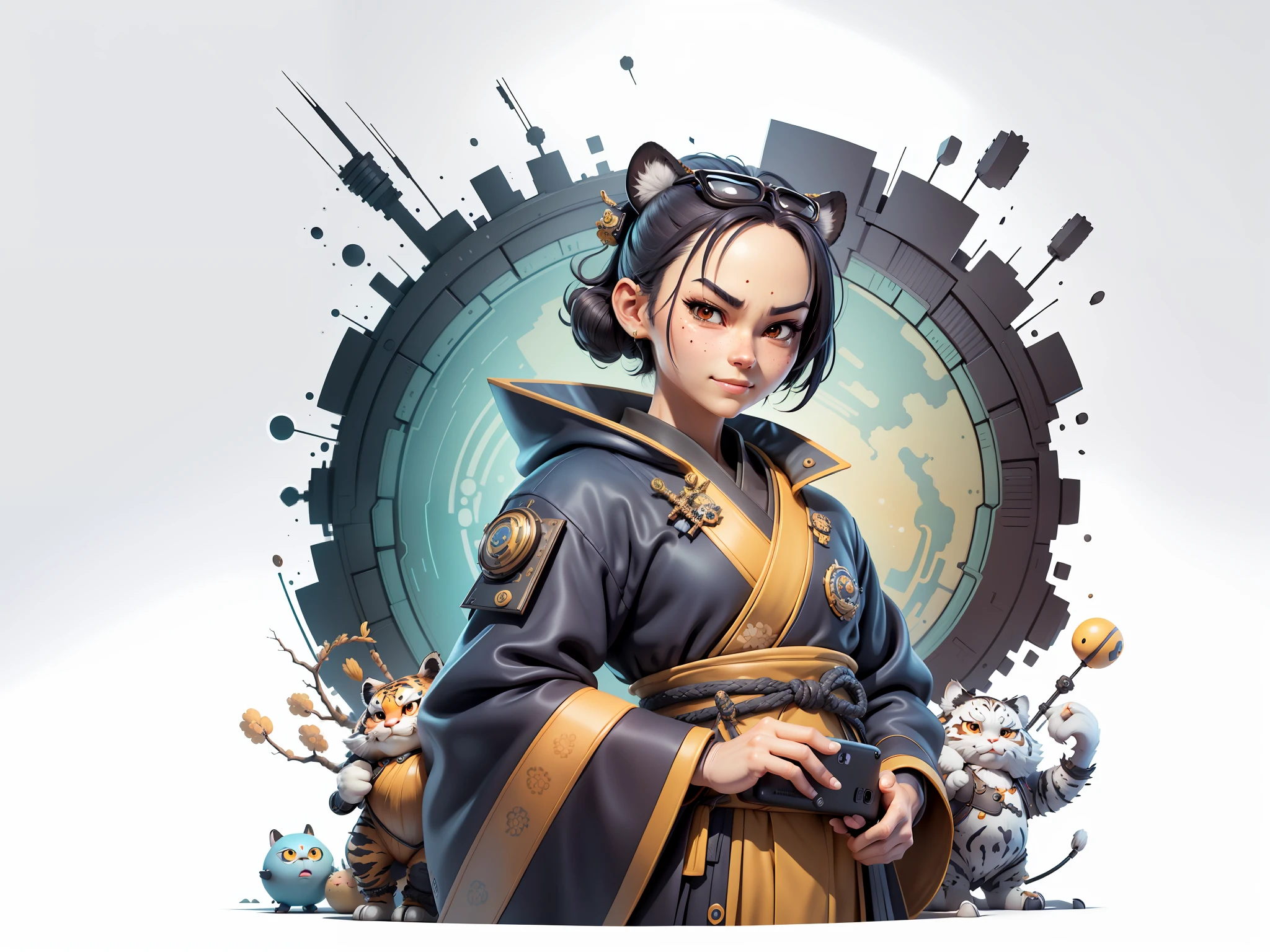 (Masterpiece), (Extreme Quality), (Super Meticulous), (Full Body: 1.2), Super Young Woman, Japanese Female Samurai Beautiful, Tiger, Sexy, Bursting, Oriental Face, TV Anchor, Bust Portrait Illustration, Alone, Black Suit, Blue Tie, Slightly Chubby Face, Very Clean Face, No Beard, Black Super Short Hair, Black Eyes, Confident Smile, 3c Computer Sub-Products, iPad, iPhone, Digital Painting, 3D Character Design by Mark Clairedon and Pixar and Hayao Miyazaki, The illustration is a high-definition illustration in 4K resolution with very detailed facial features and cartoon-style visuals.